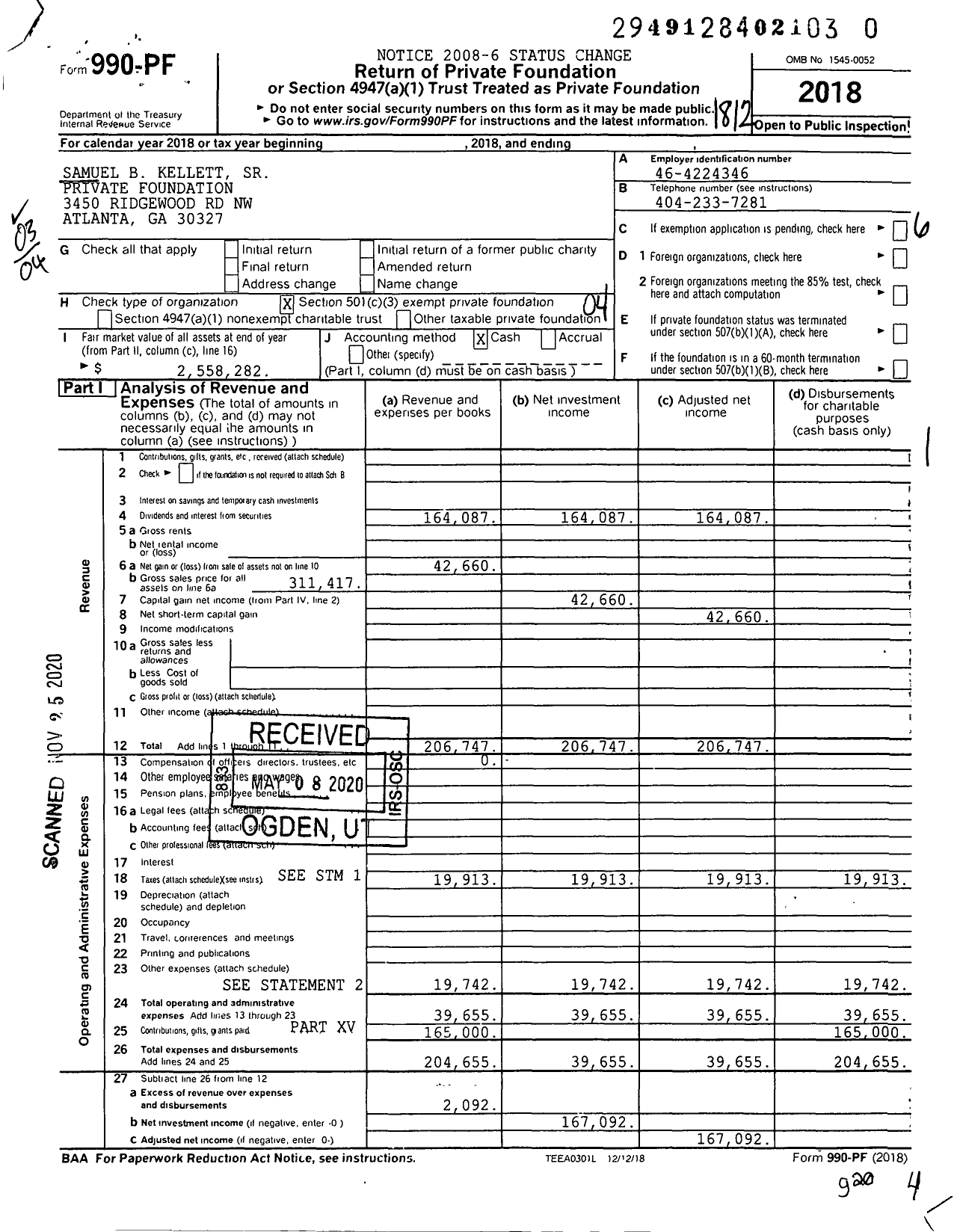 Image of first page of 2018 Form 990PF for Samuel B Kellett SR Private Foundation