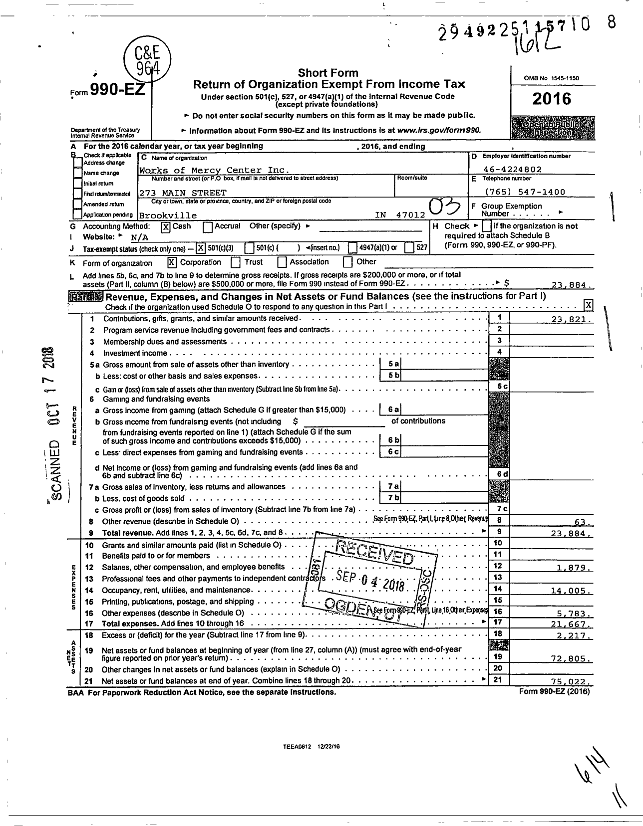 Image of first page of 2016 Form 990EZ for Works of Mercy Center