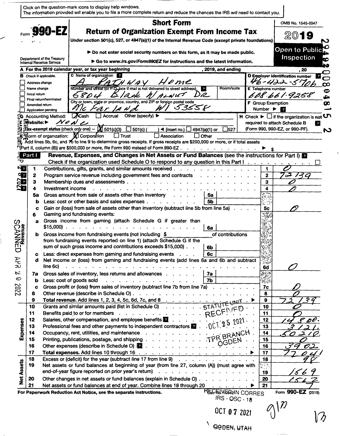 Image of first page of 2019 Form 990EZ for A Pathway Home