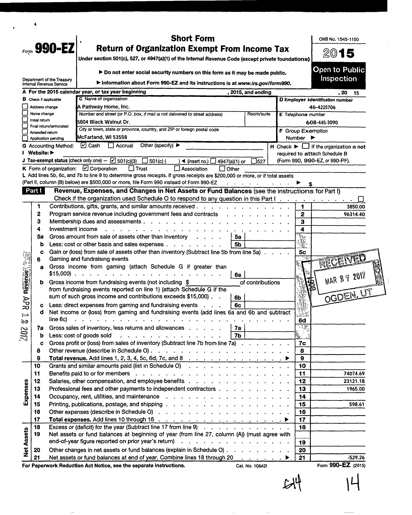 Image of first page of 2015 Form 990EZ for A Pathway Home