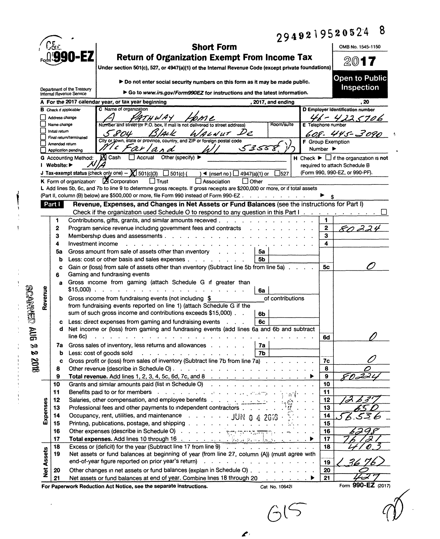 Image of first page of 2017 Form 990EZ for A Pathway Home