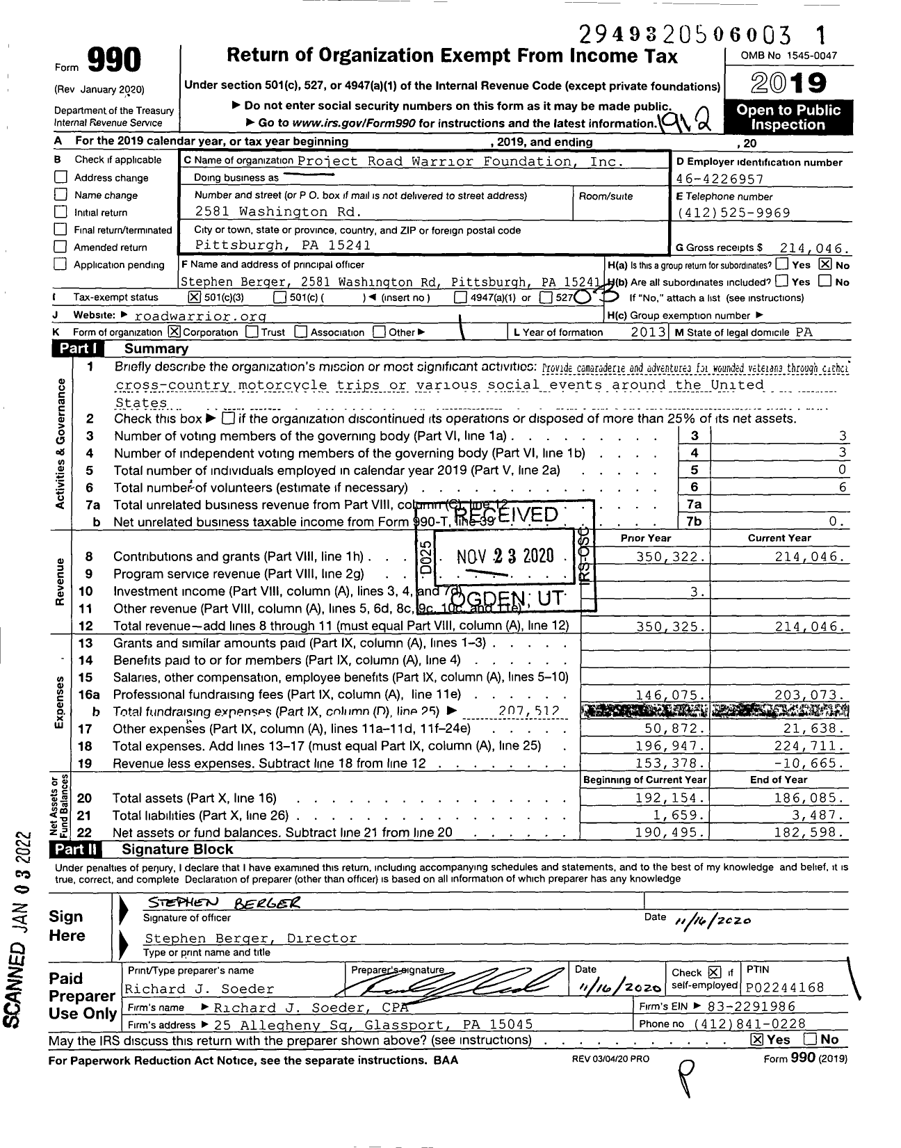 Image of first page of 2019 Form 990 for Project Road Warrior Foundation