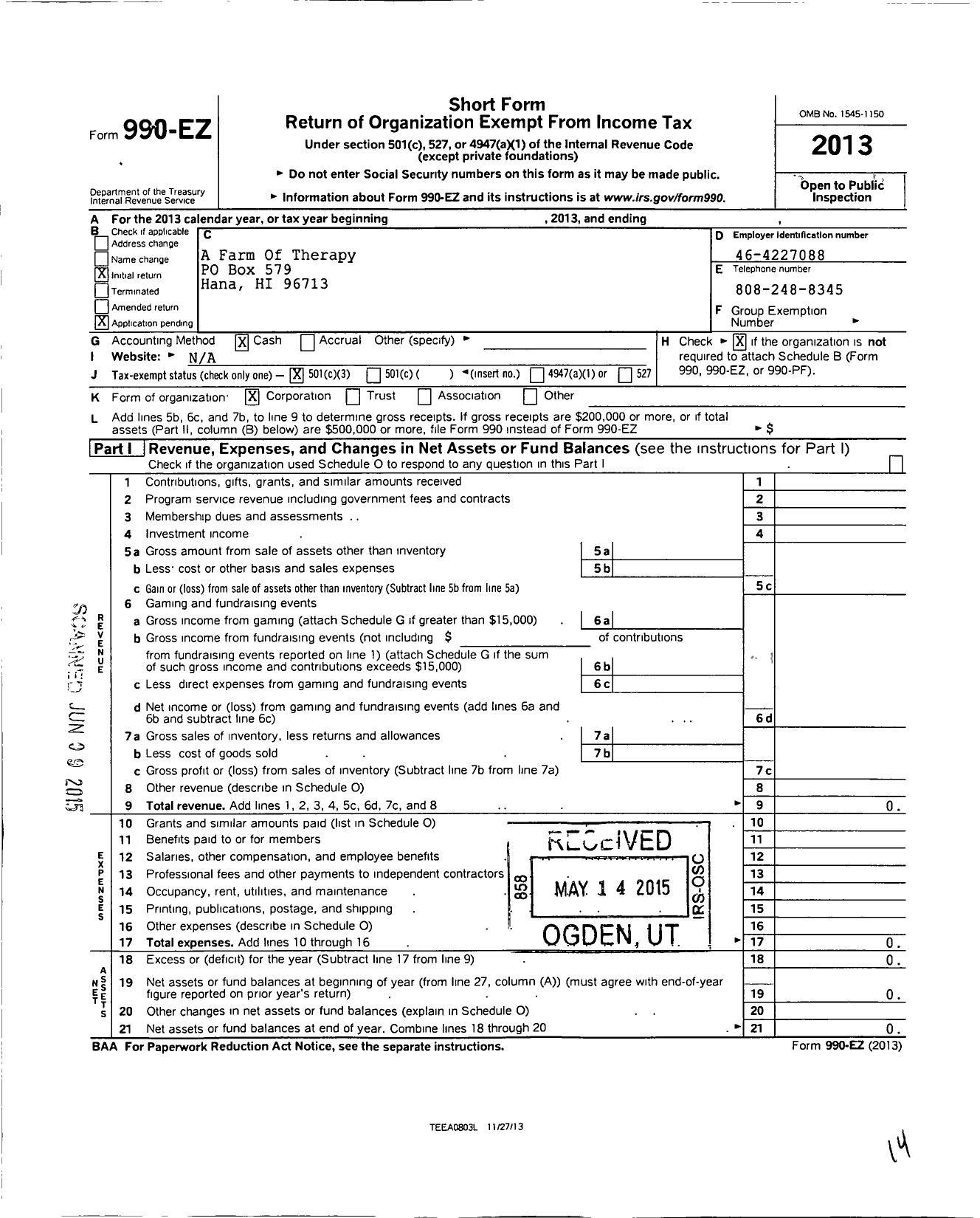 Image of first page of 2013 Form 990EZ for A Farm Of Therapy