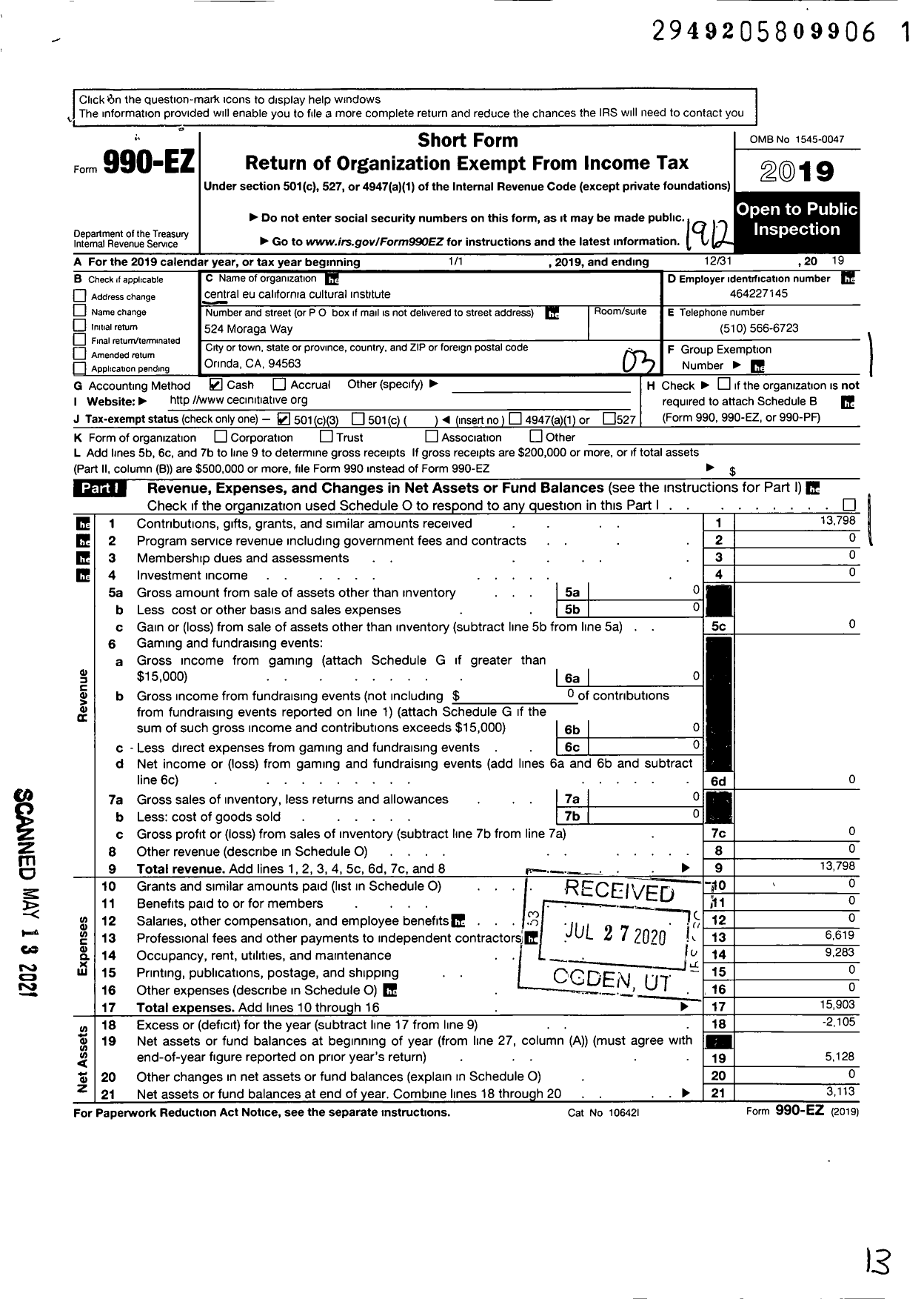 Image of first page of 2019 Form 990EZ for Central Eu California Cultural Institute