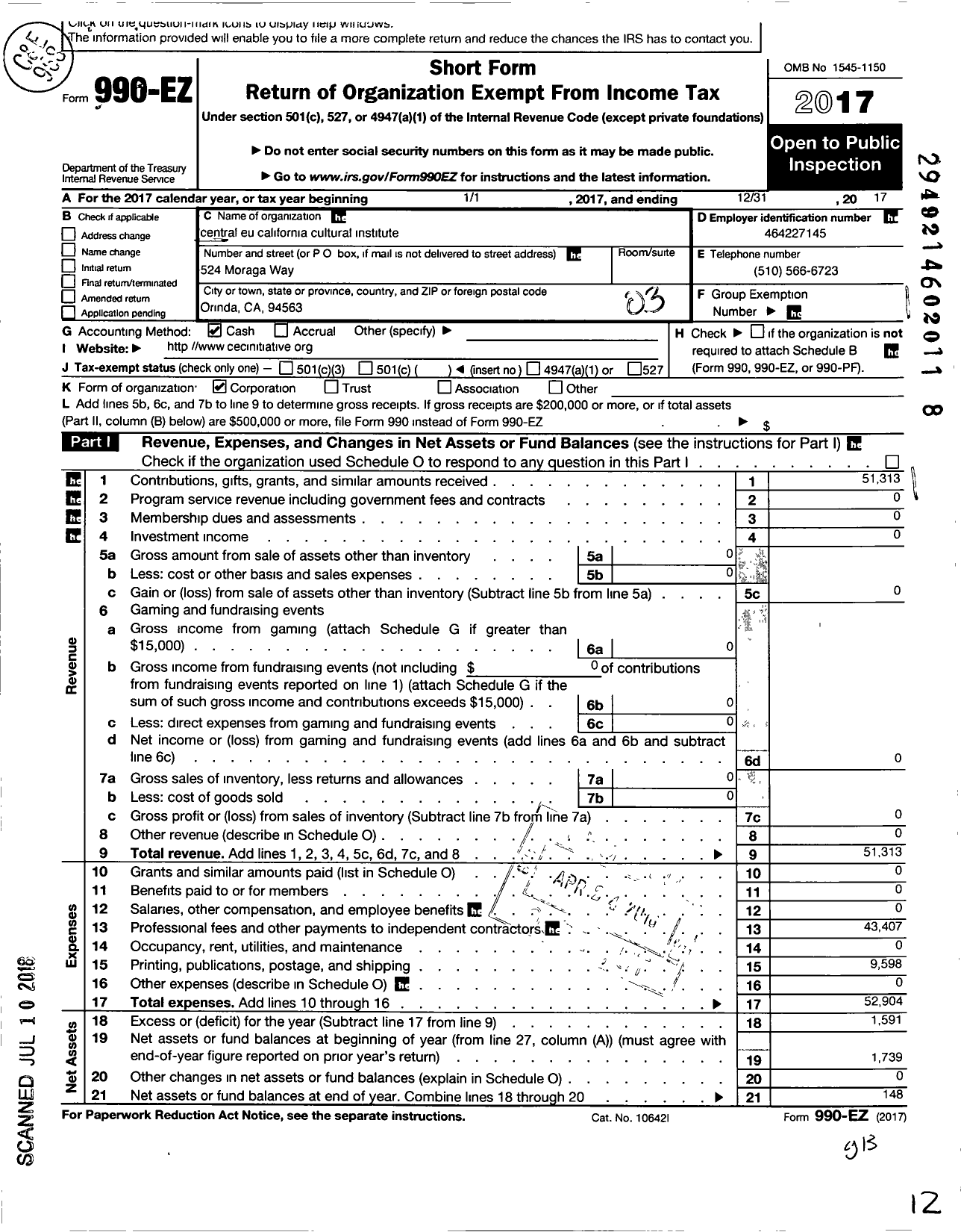 Image of first page of 2017 Form 990EZ for Central Eu California Cultural Institute