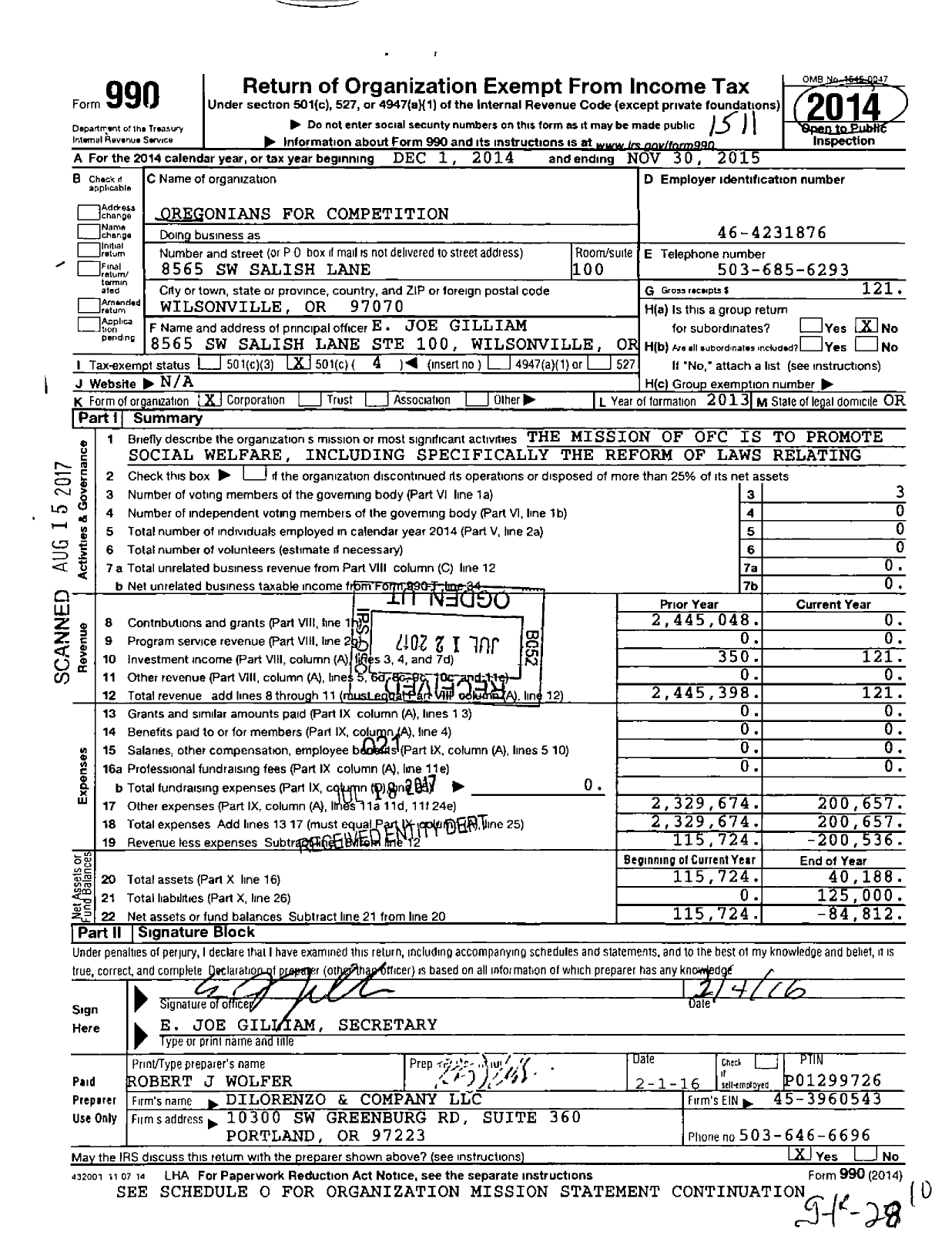 Image of first page of 2014 Form 990O for Oregonians for Competition