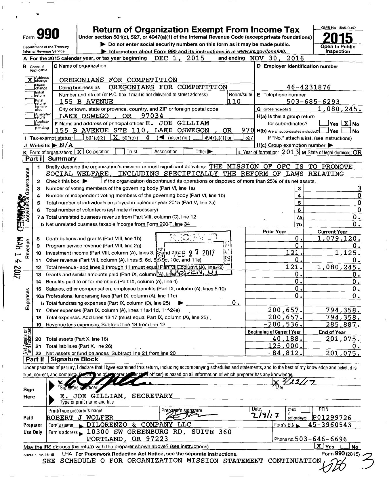 Image of first page of 2015 Form 990O for Oregonians for Competition