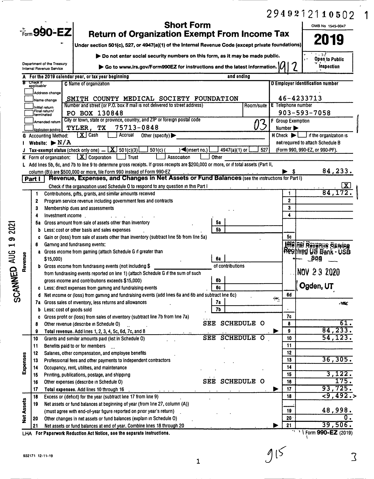 Image of first page of 2019 Form 990EZ for Smith County Medical Society Foundation