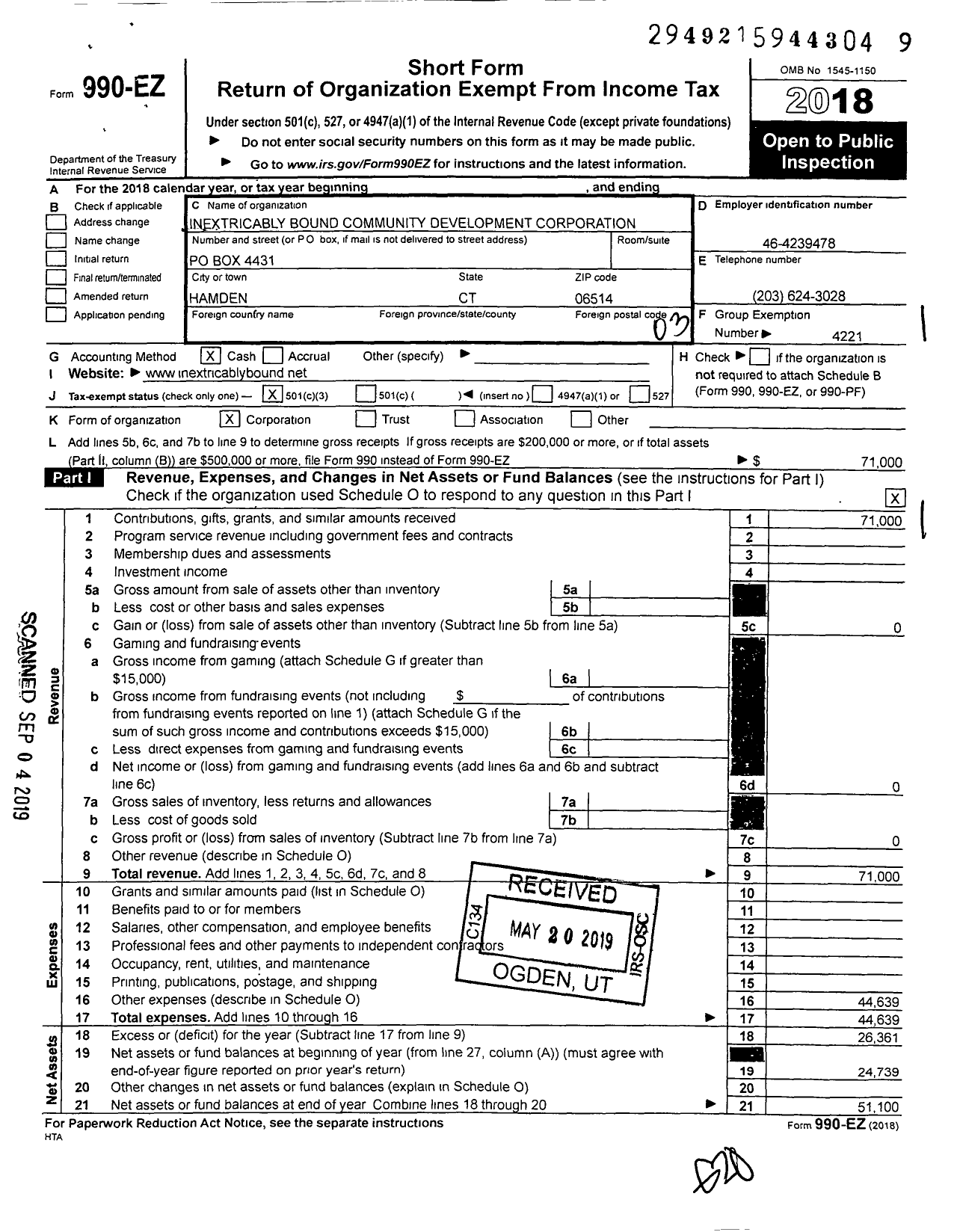 Image of first page of 2018 Form 990EZ for Inextricably Bound Community Development Corporation