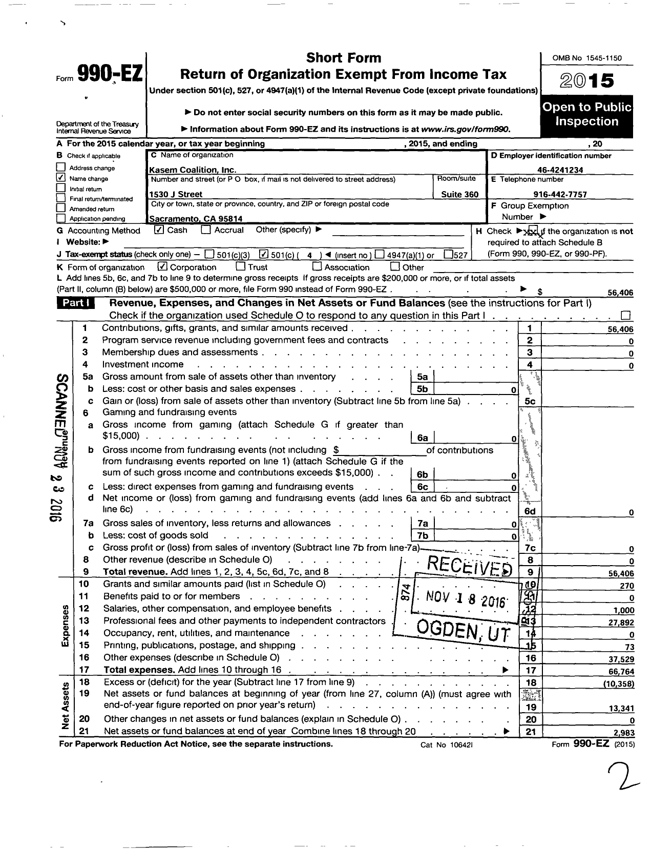 Image of first page of 2015 Form 990EO for Kasem Wright Coalition