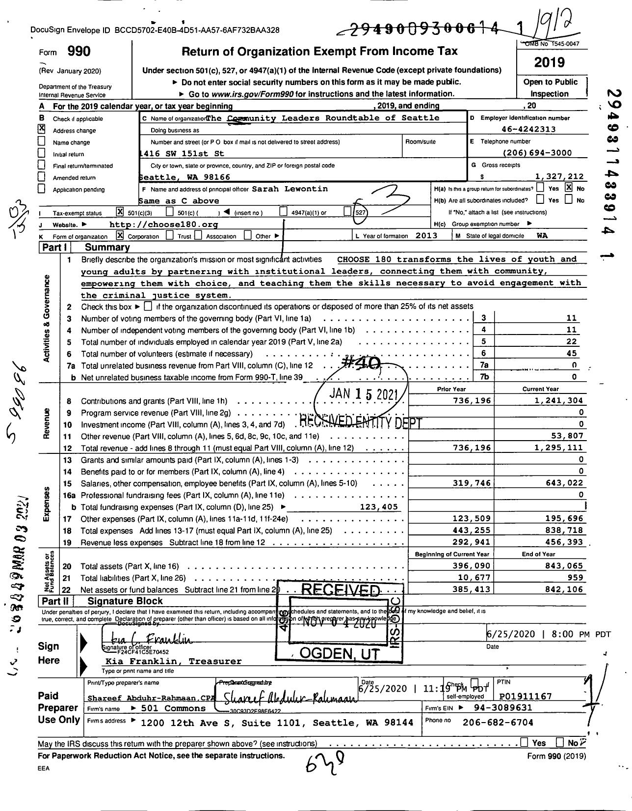 Image of first page of 2019 Form 990 for The Community Leaders Roundtable of Seattle