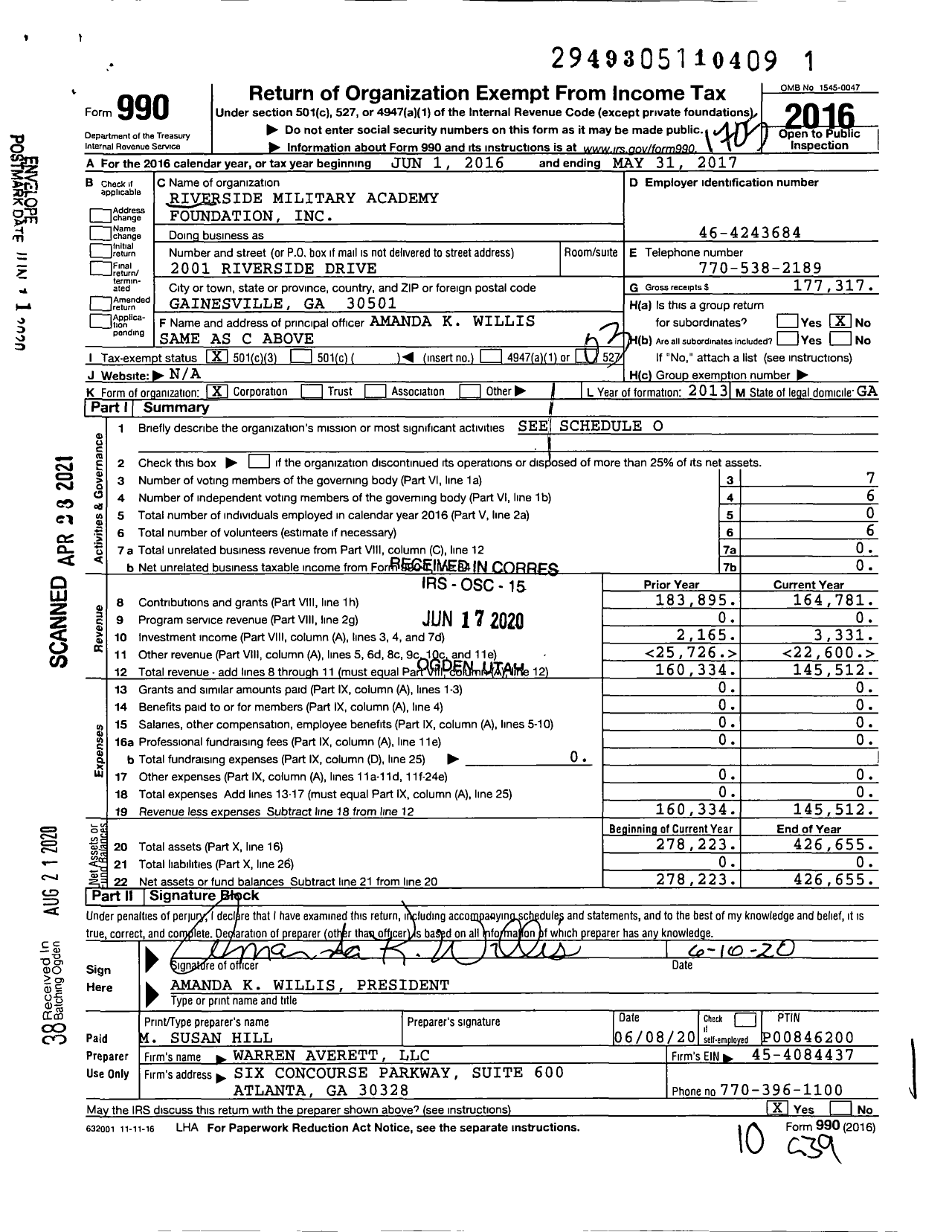 Image of first page of 2016 Form 990 for Riverside Military Academy Foundation