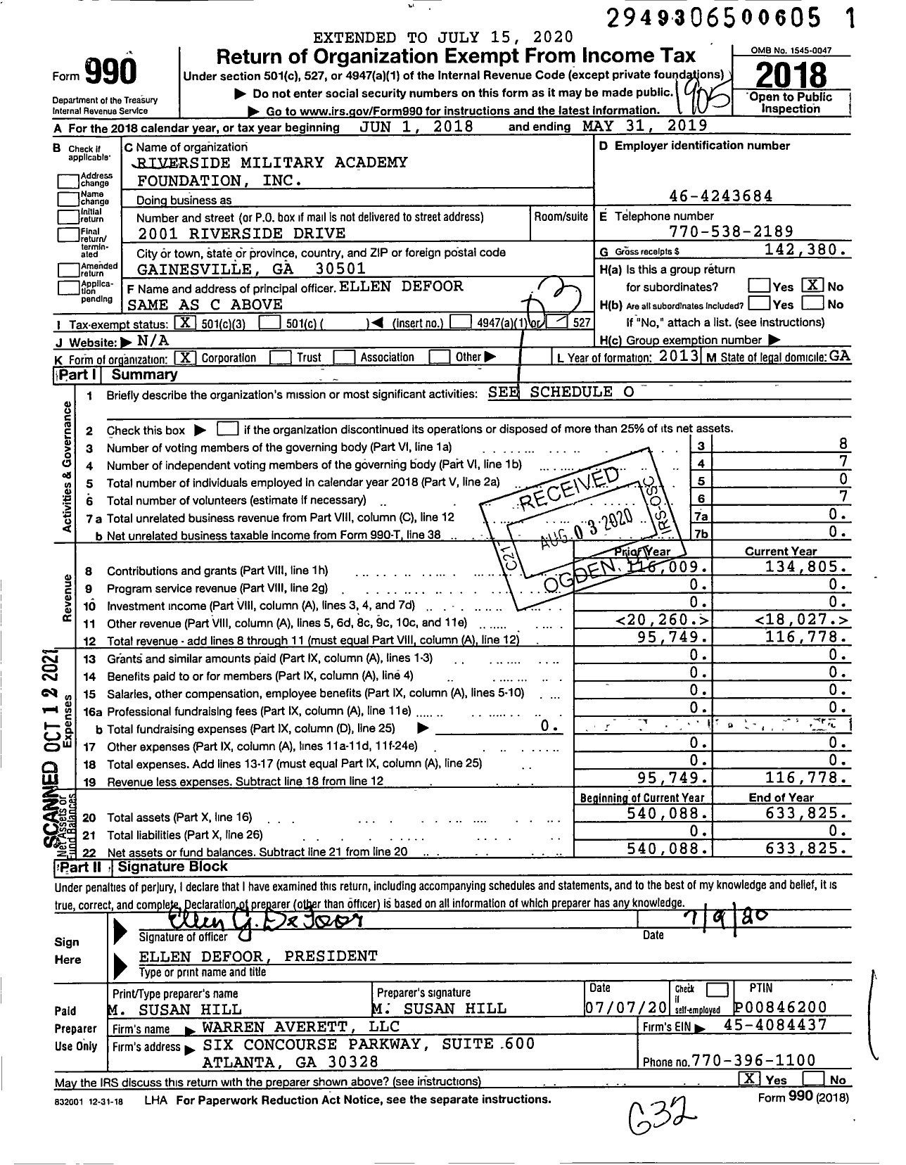 Image of first page of 2018 Form 990 for Riverside Military Academy Foundation