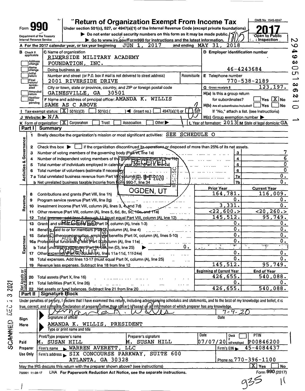 Image of first page of 2017 Form 990 for Riverside Military Academy Foundation
