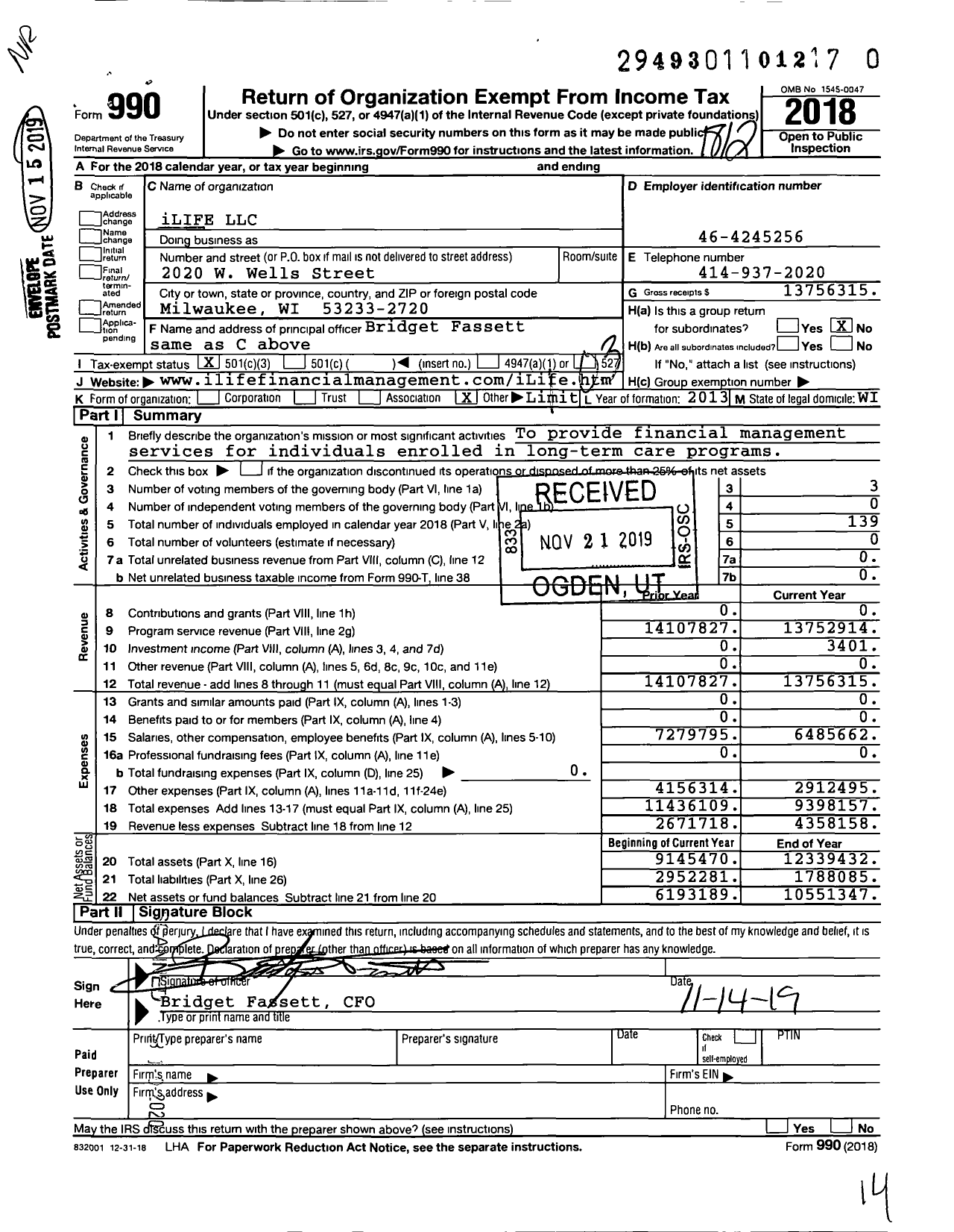 Image of first page of 2018 Form 990 for iLIFE LLC