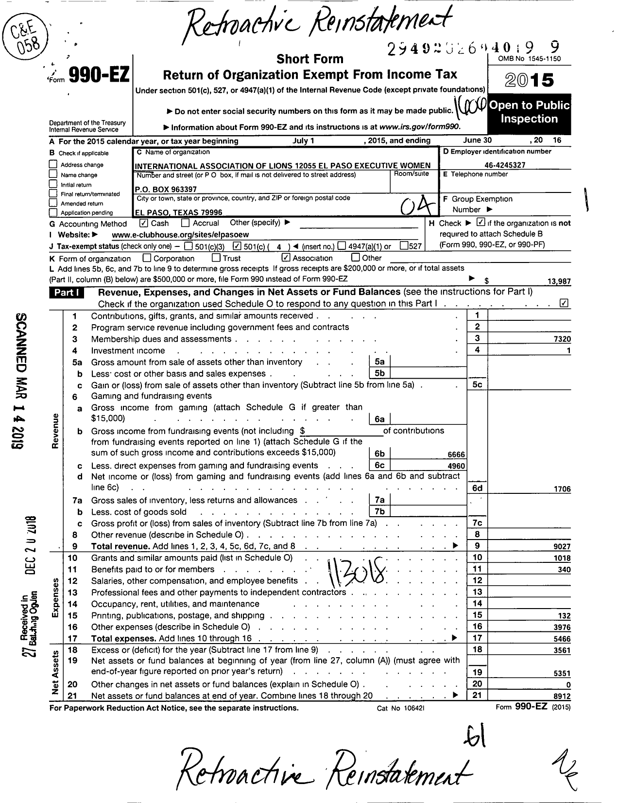 Image of first page of 2015 Form 990EO for International Association of Lions 12055 El Paso Executive Women