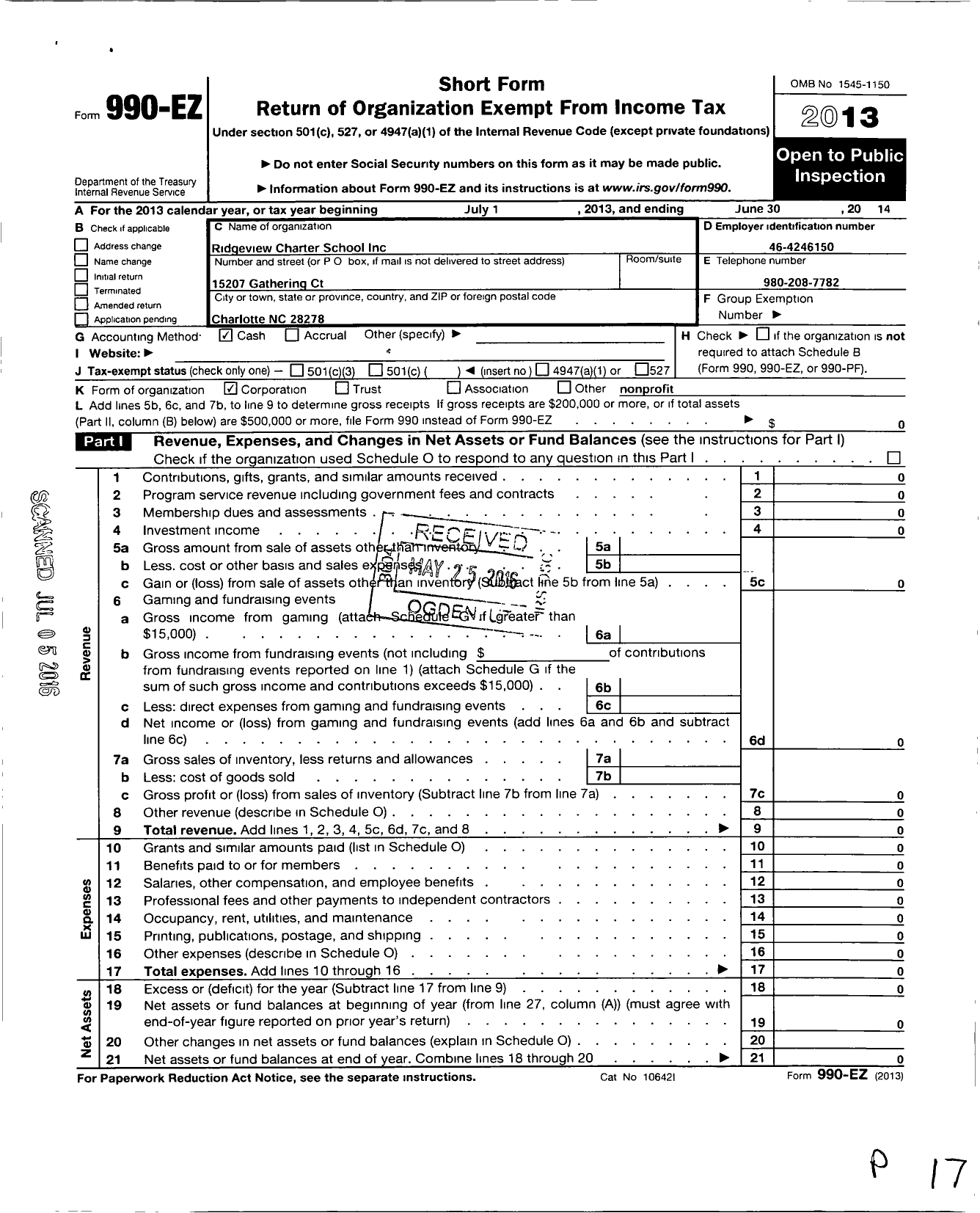 Image of first page of 2013 Form 990EO for Ridgeview Charter School