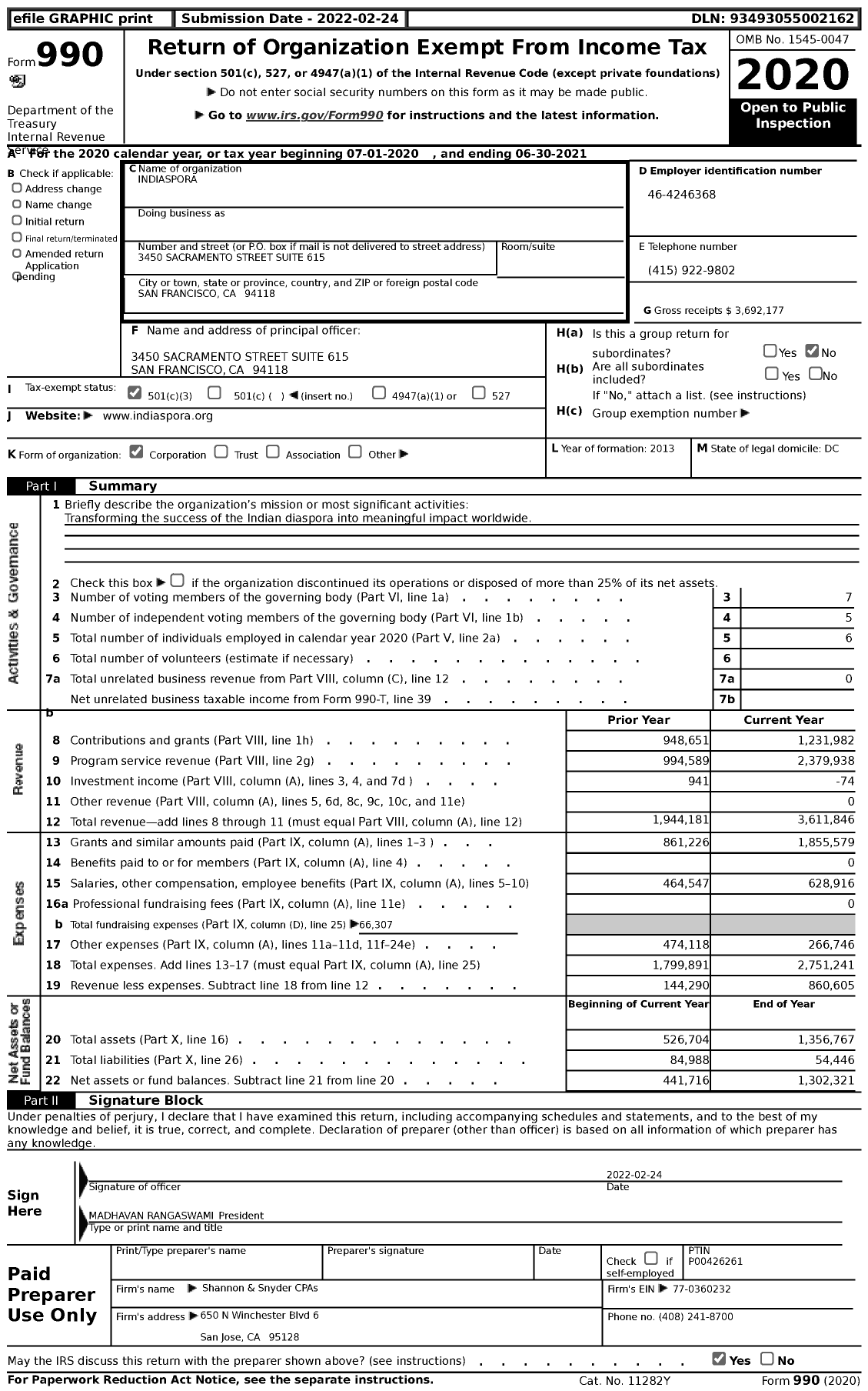 Image of first page of 2020 Form 990 for Indiaspora