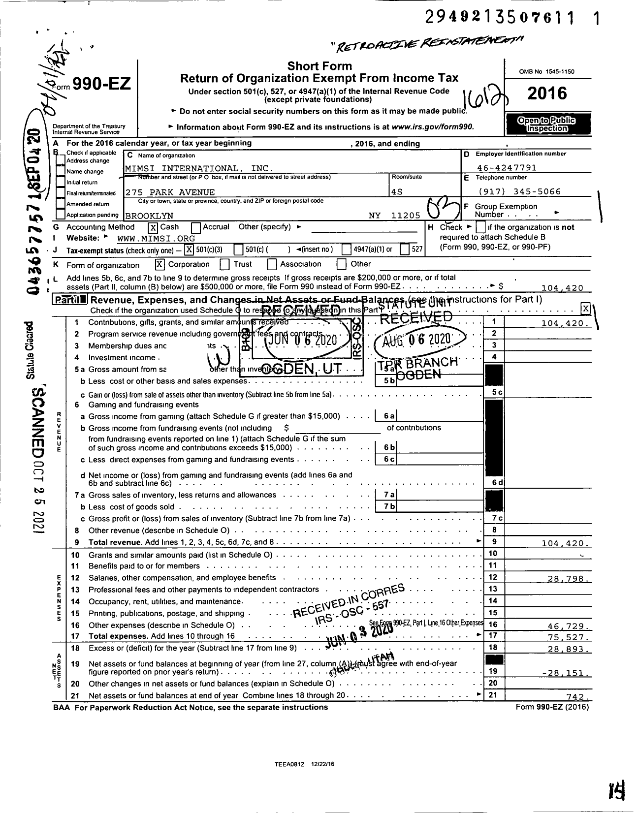 Image of first page of 2016 Form 990EZ for Mimsi International