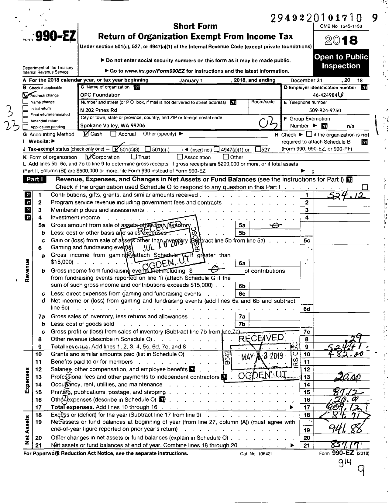 Image of first page of 2018 Form 990EZ for Opc Foundation