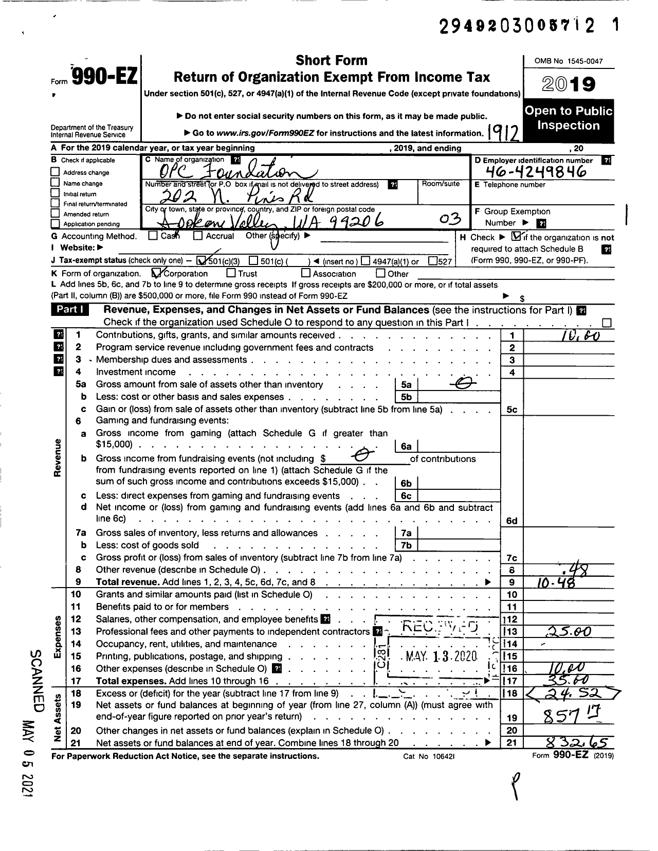 Image of first page of 2019 Form 990EZ for Opc Foundation