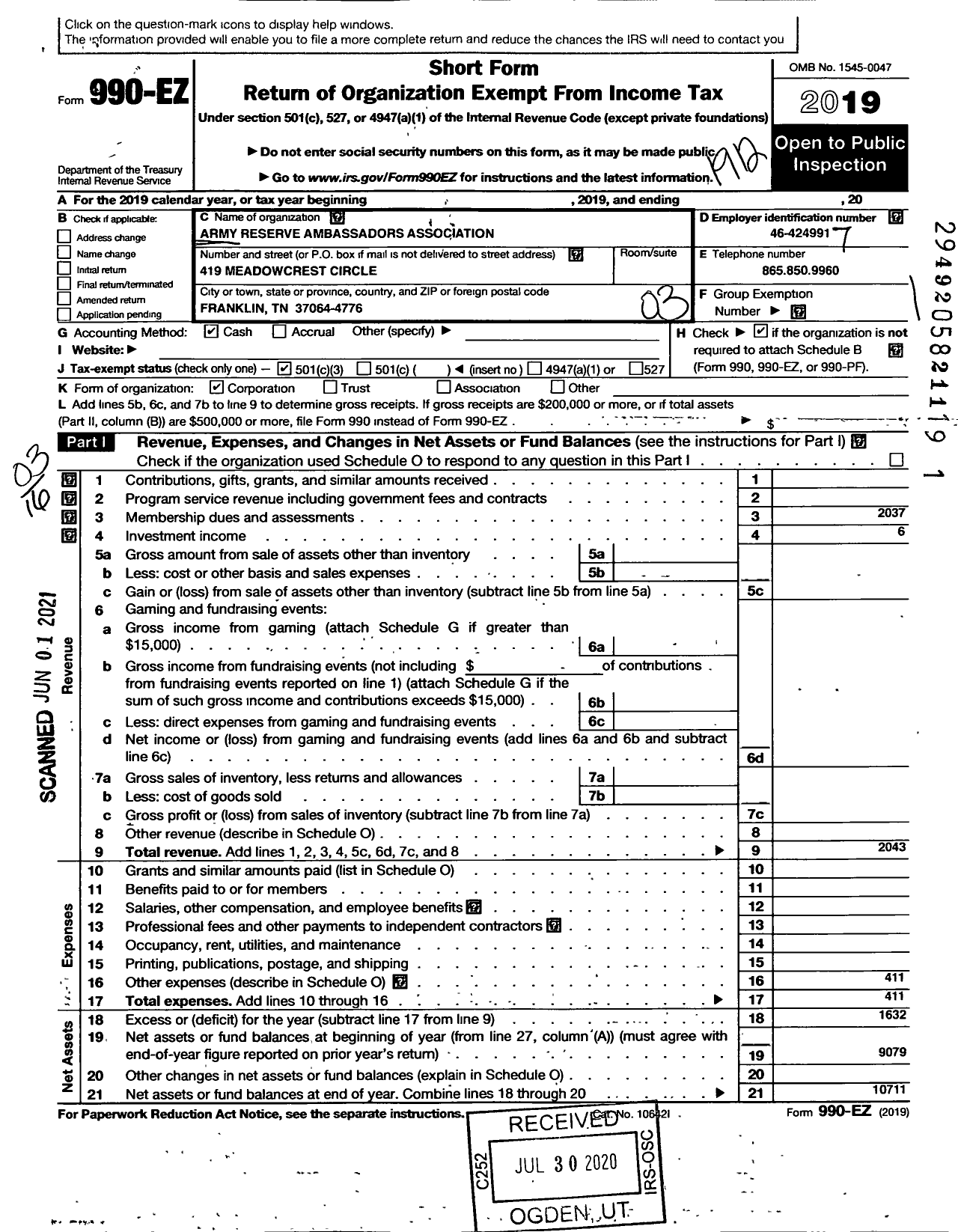 Image of first page of 2019 Form 990EZ for Army Reserve Ambassadors Association