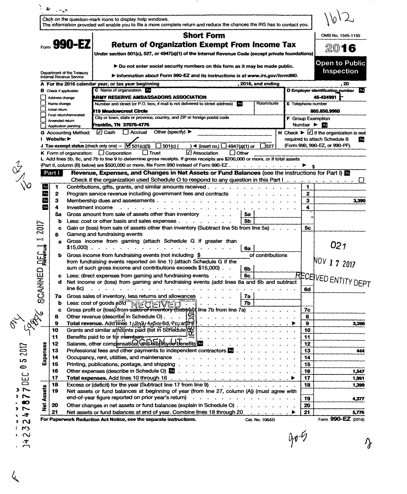 Image of first page of 2016 Form 990EZ for Army Reserve Ambassadors Association