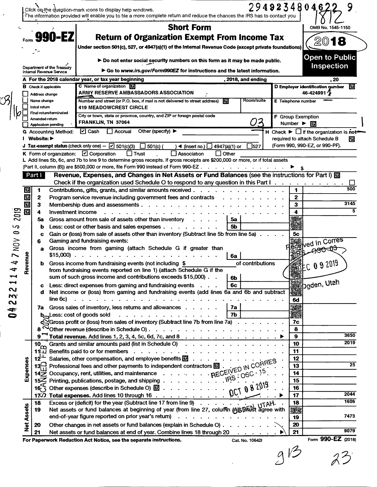 Image of first page of 2018 Form 990EZ for Army Reserve Ambassadors Association