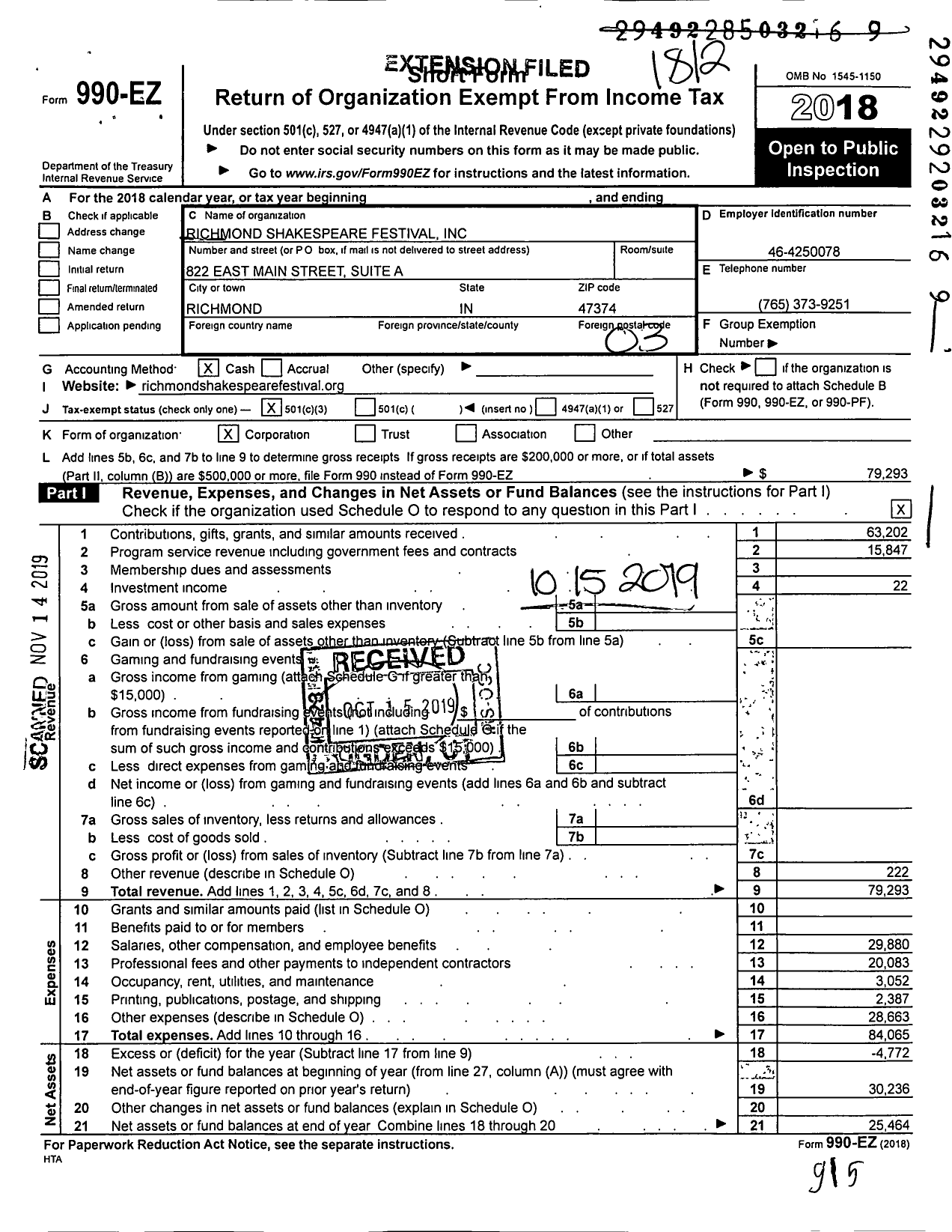 Image of first page of 2018 Form 990EZ for Richmond Shakespeare Festival