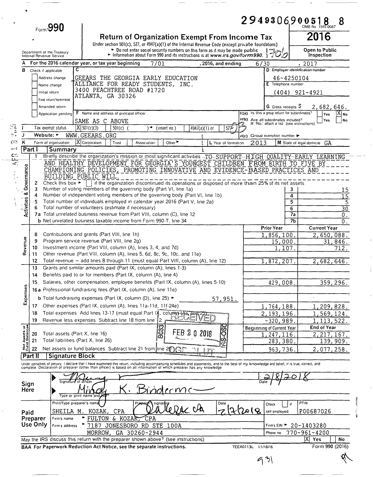 Image of first page of 2016 Form 990 for Geears the Georgia Early Education Alliance for Ready Students