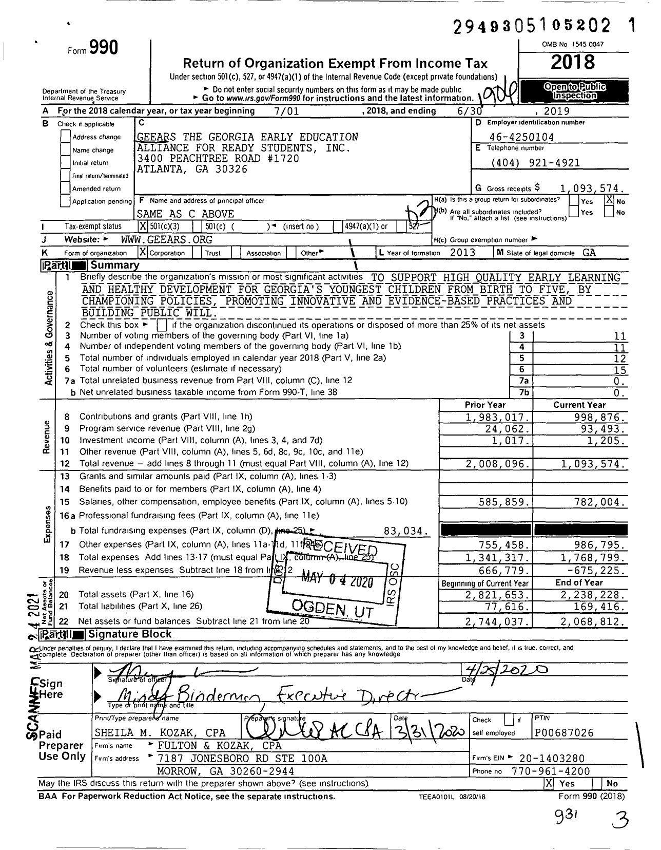 Image of first page of 2018 Form 990 for Geears the Georgia Early Education Alliance for Ready Students