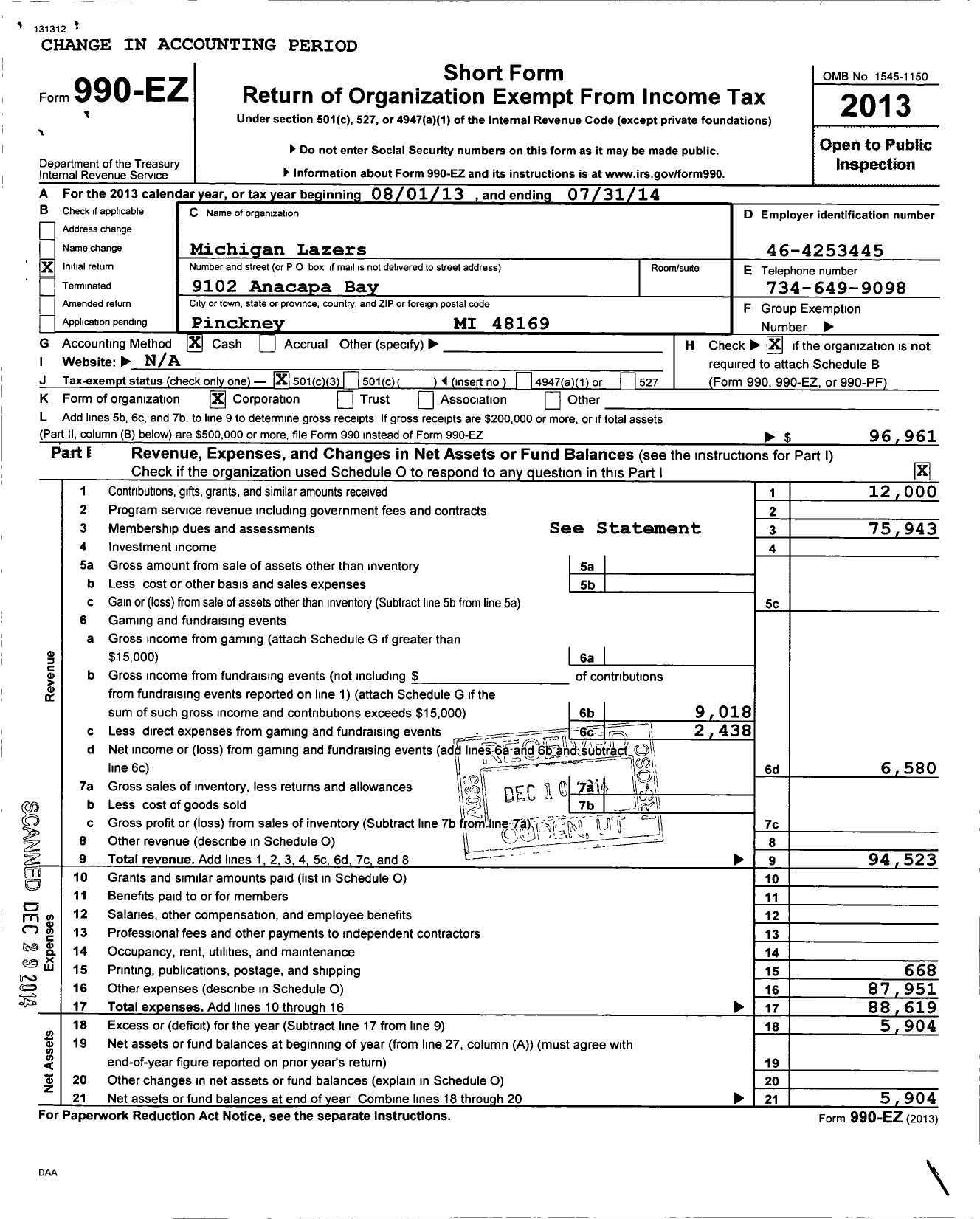 Image of first page of 2013 Form 990EZ for Michigan Lazers