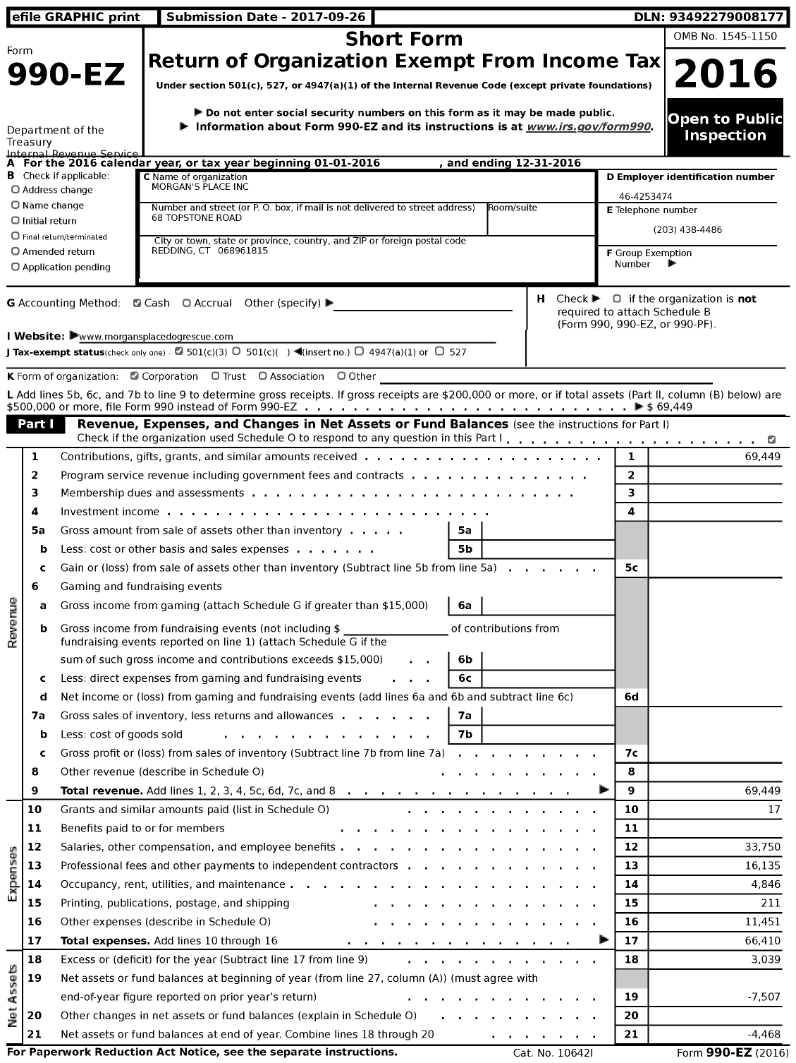 Image of first page of 2016 Form 990EZ for Morgan's Place