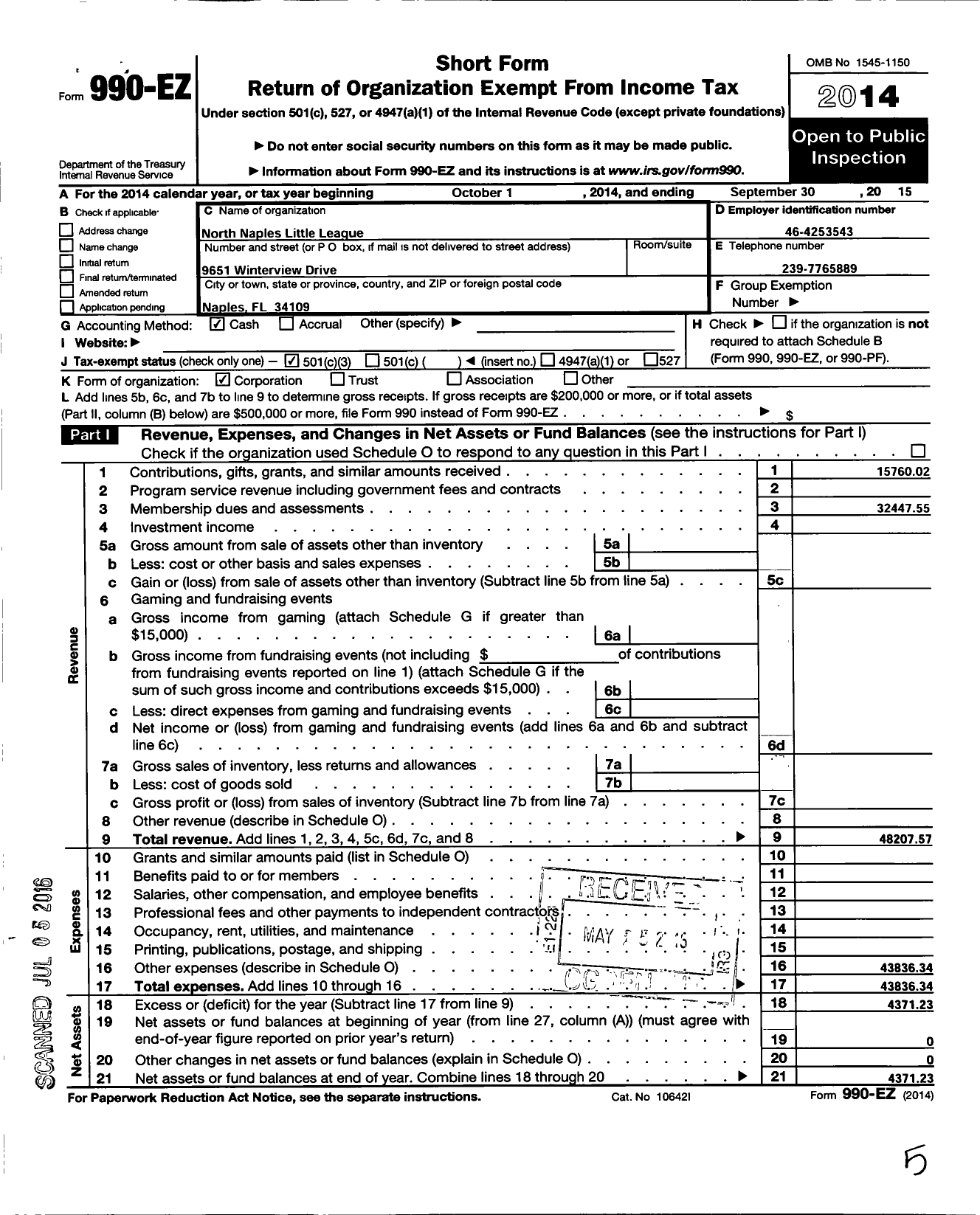 Image of first page of 2014 Form 990EZ for Little League Baseball - 3091808 North Naples LL