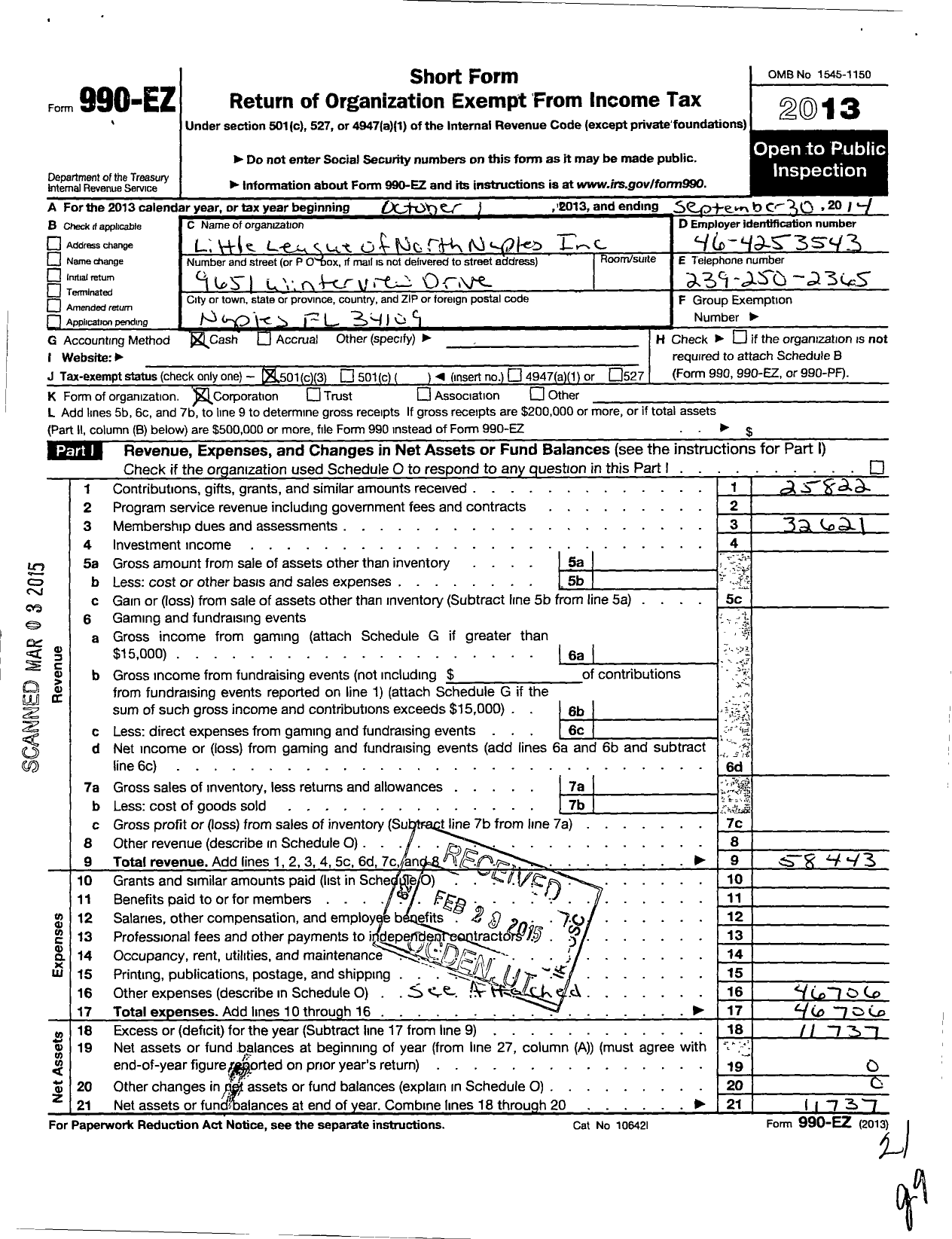 Image of first page of 2013 Form 990EZ for Little League Baseball - 3091808 North Naples LL