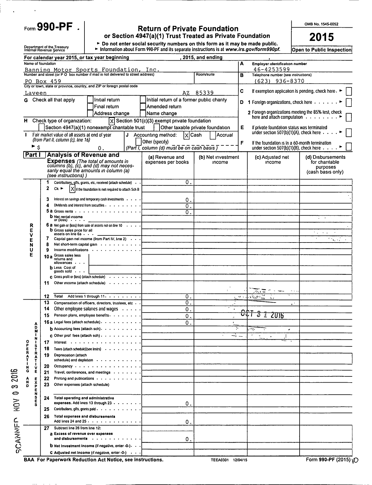 Image of first page of 2015 Form 990PF for Banning Motor Sports Foundation