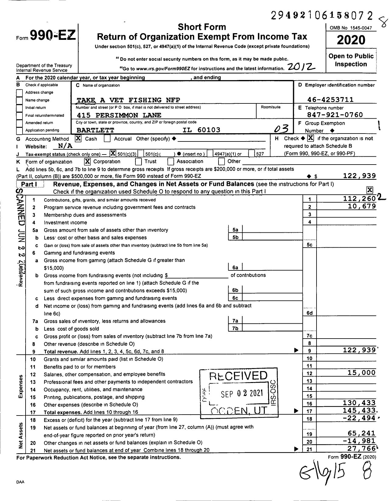 Image of first page of 2020 Form 990EZ for Take A Vet Fishing NFP