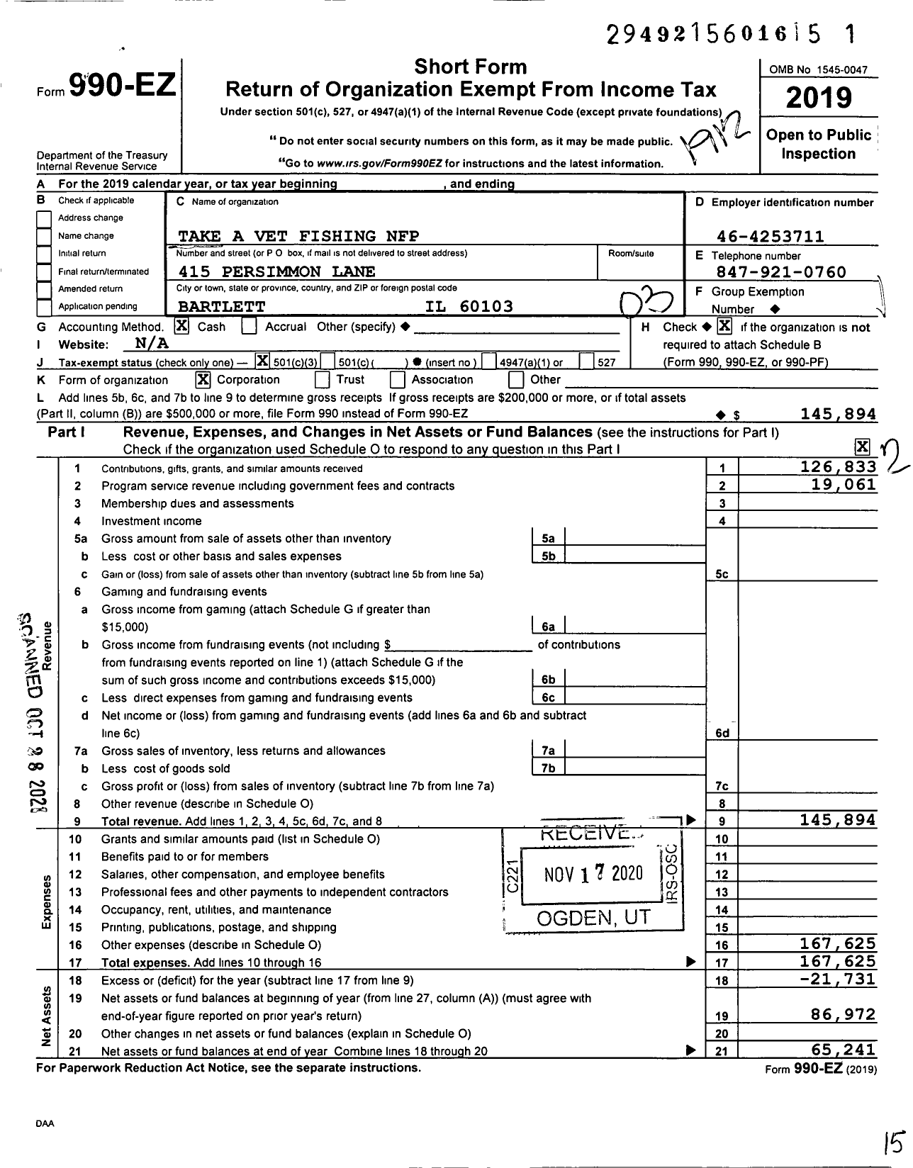 Image of first page of 2019 Form 990EZ for Take A Vet Fishing NFP