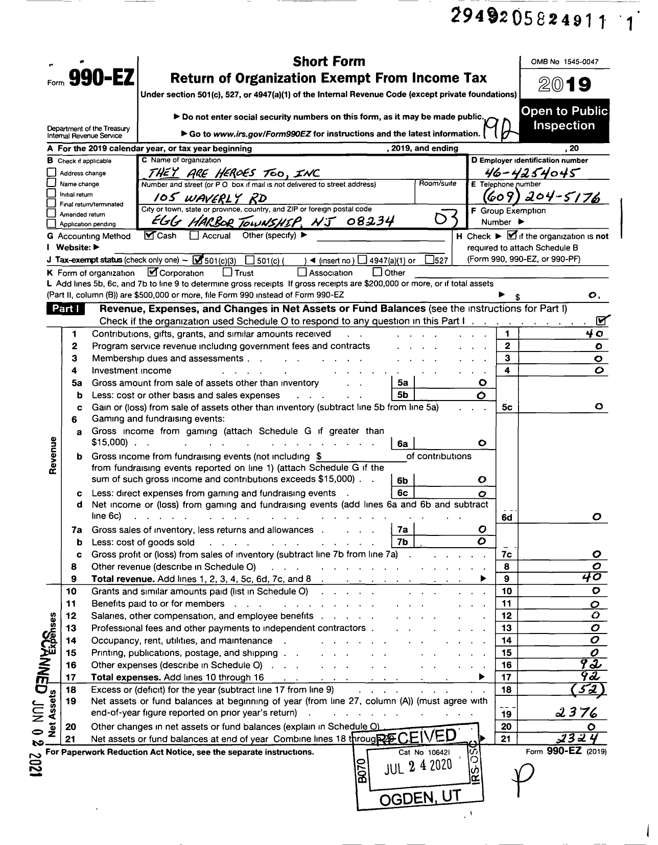 Image of first page of 2019 Form 990EZ for They Are Heroes Too