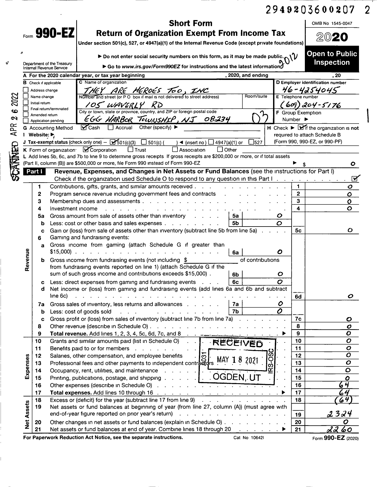 Image of first page of 2020 Form 990EZ for They Are Heroes Too