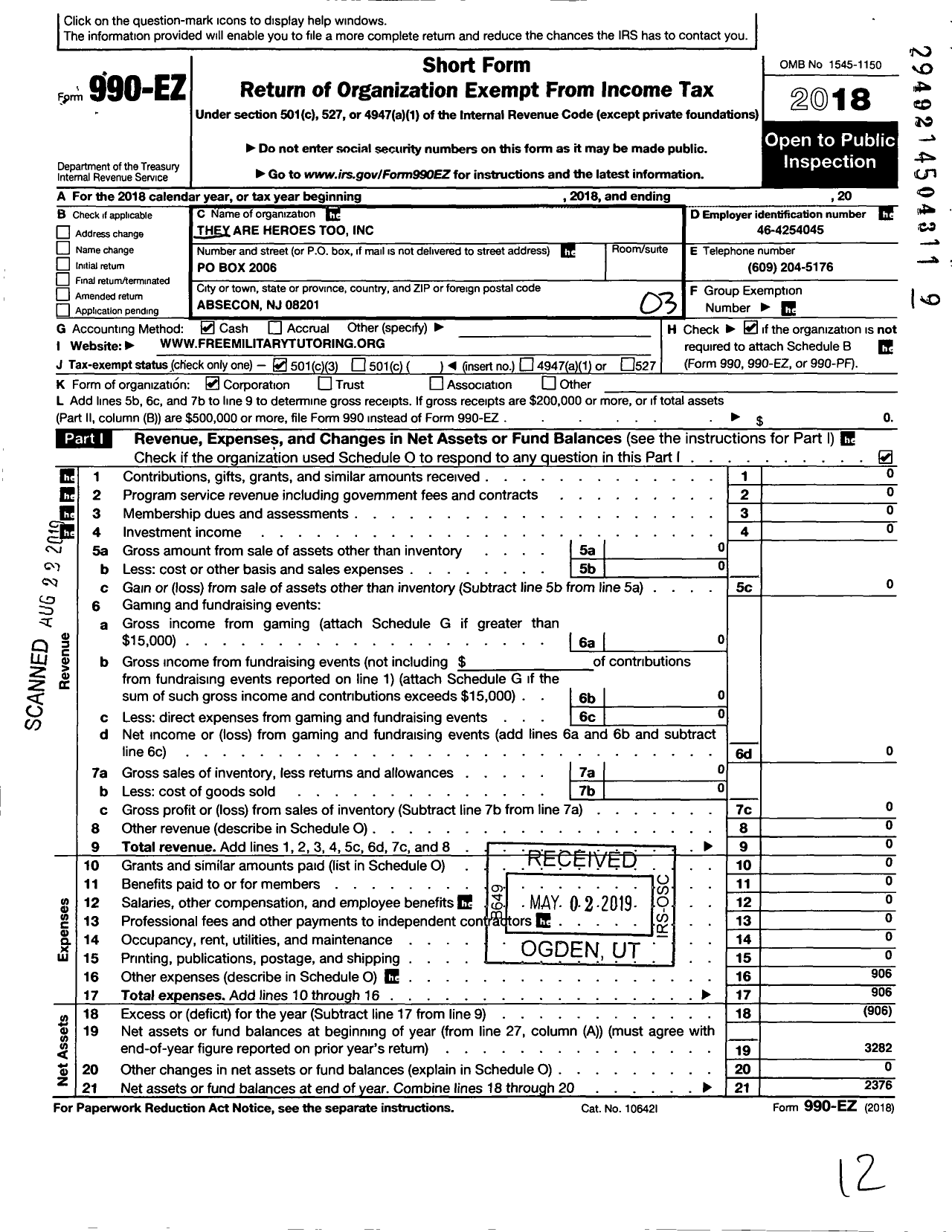 Image of first page of 2018 Form 990EZ for They Are Heroes Too