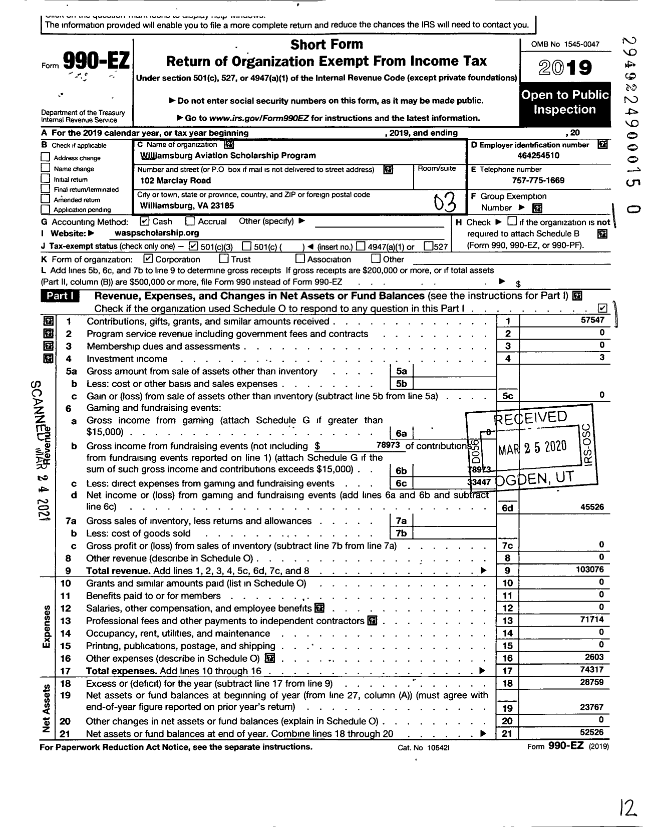 Image of first page of 2019 Form 990EZ for Williamsburg Aviation Scholarship Program