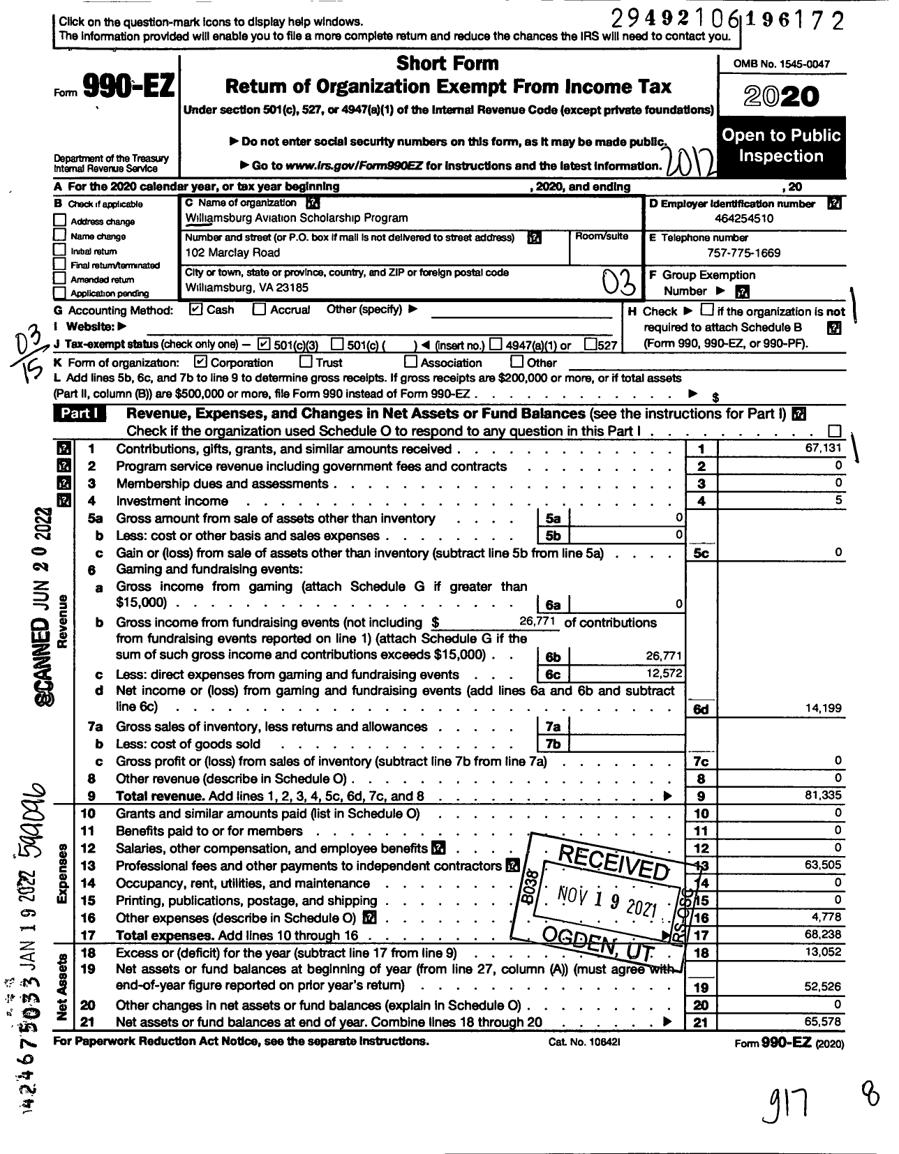 Image of first page of 2020 Form 990EZ for Williamsburg Aviation Scholarship Program