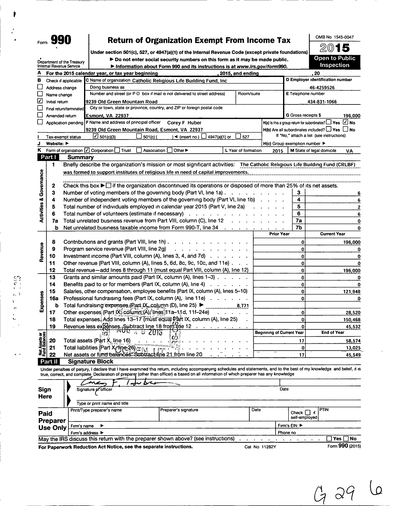 Image of first page of 2015 Form 990 for Catholic Religious Life Building