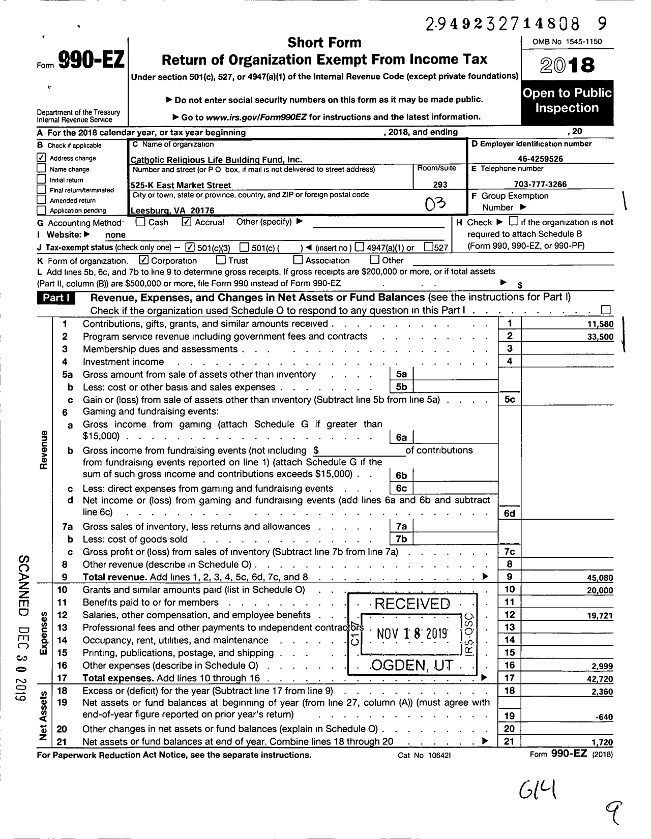 Image of first page of 2018 Form 990EZ for Catholic Religious Life Building