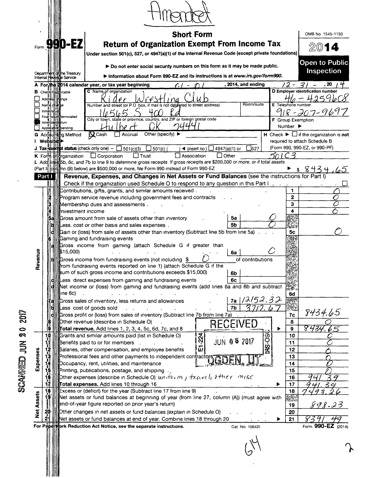 Image of first page of 2014 Form 990EO for Rider Wrestling Club