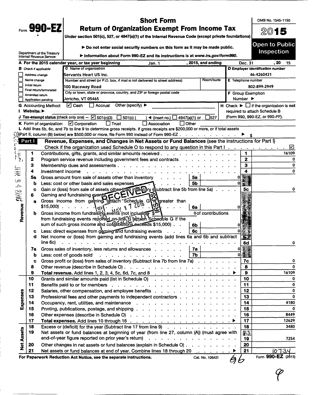 Image of first page of 2015 Form 990EZ for Servants Heart Us