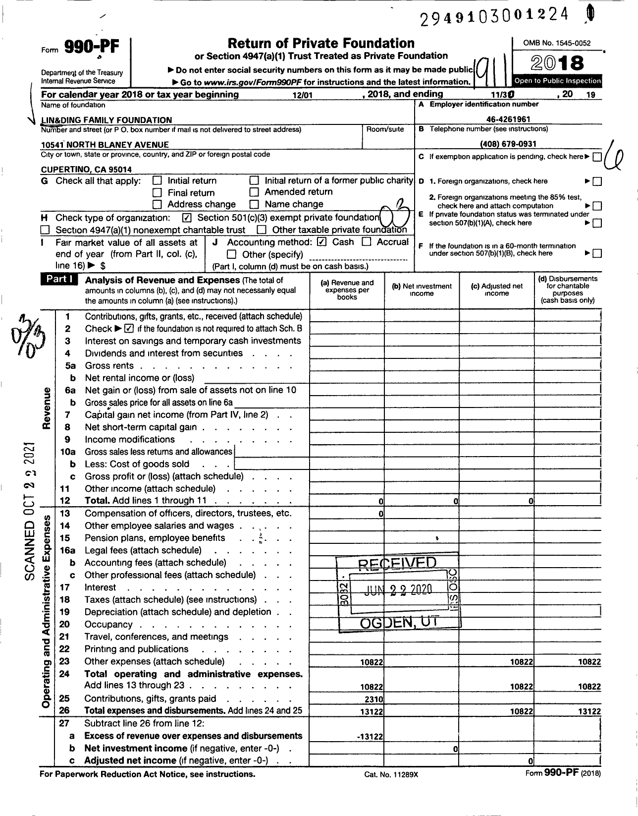 Image of first page of 2018 Form 990PF for Lin&ding Family Foundation