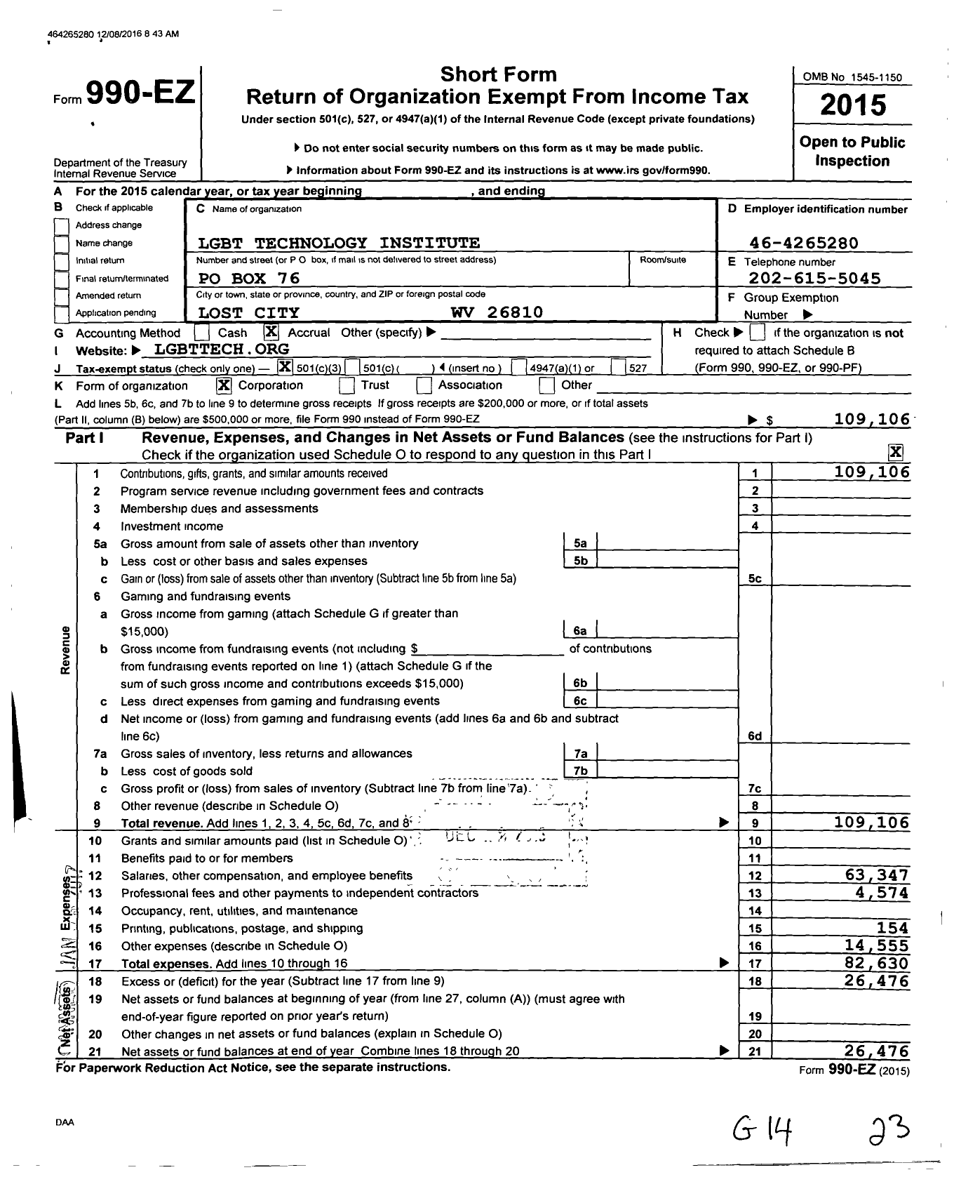 Image of first page of 2015 Form 990EZ for LGBT Technology Institute