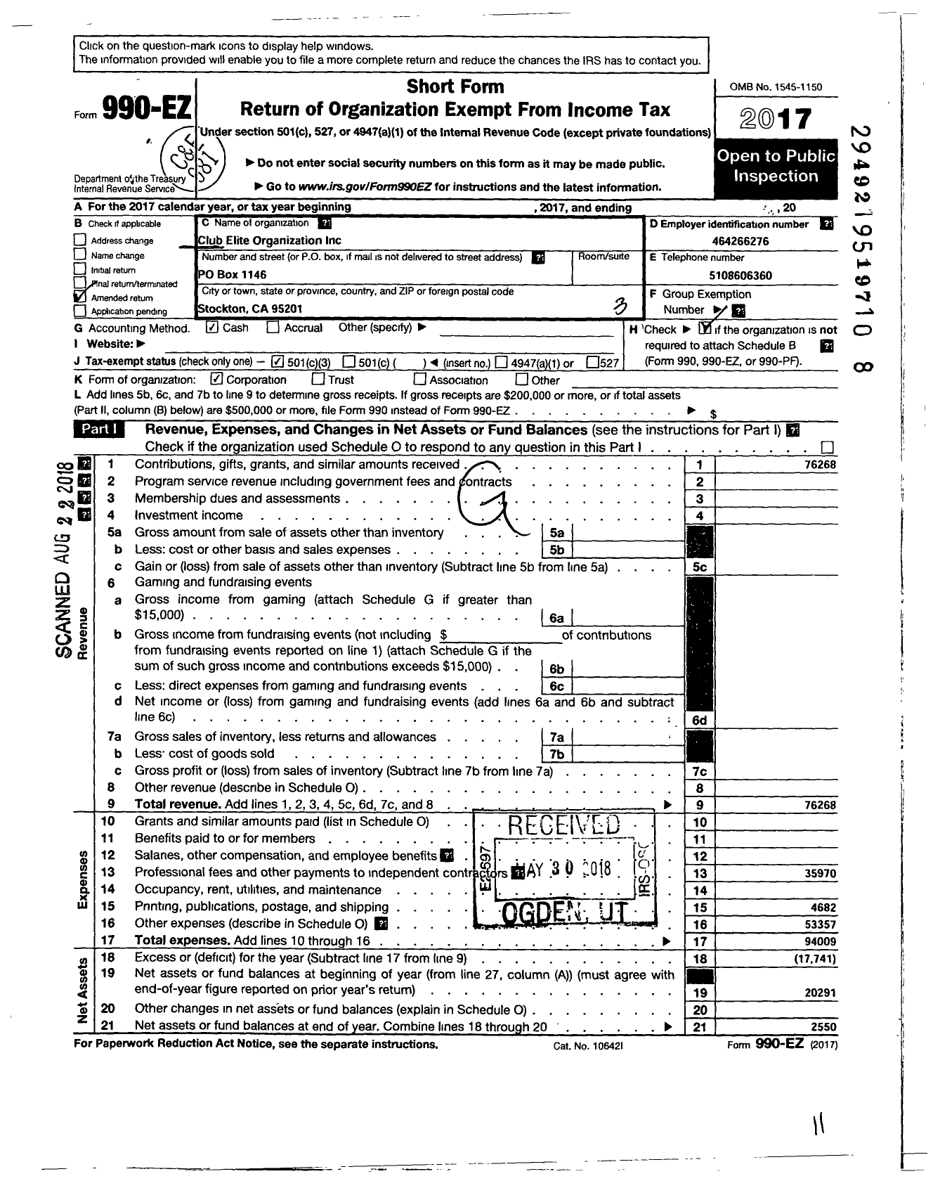 Image of first page of 2017 Form 990EZ for Club Elite Organization